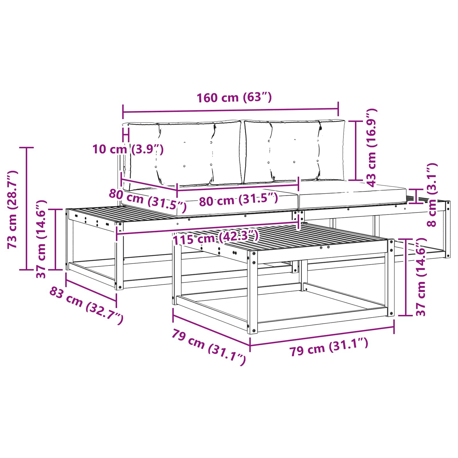 Set vanjskih sofa s jastukom Bijela 79 x 79 x 37 cm Poliester