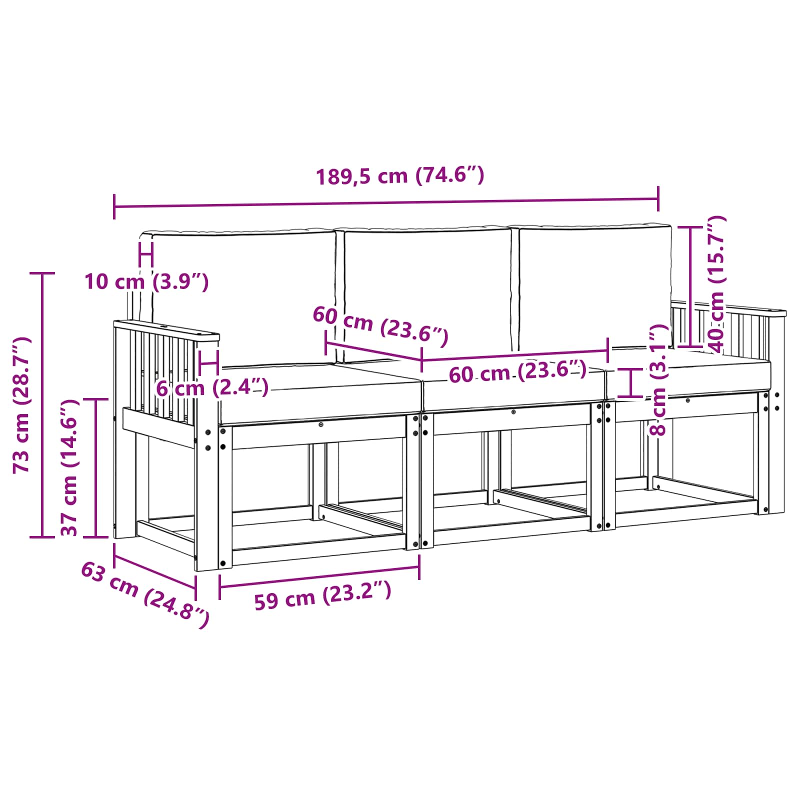 Set vanjskih sofa 3 pcs Bijela i svjetlosiva 189,5 x 63 x 73 cm