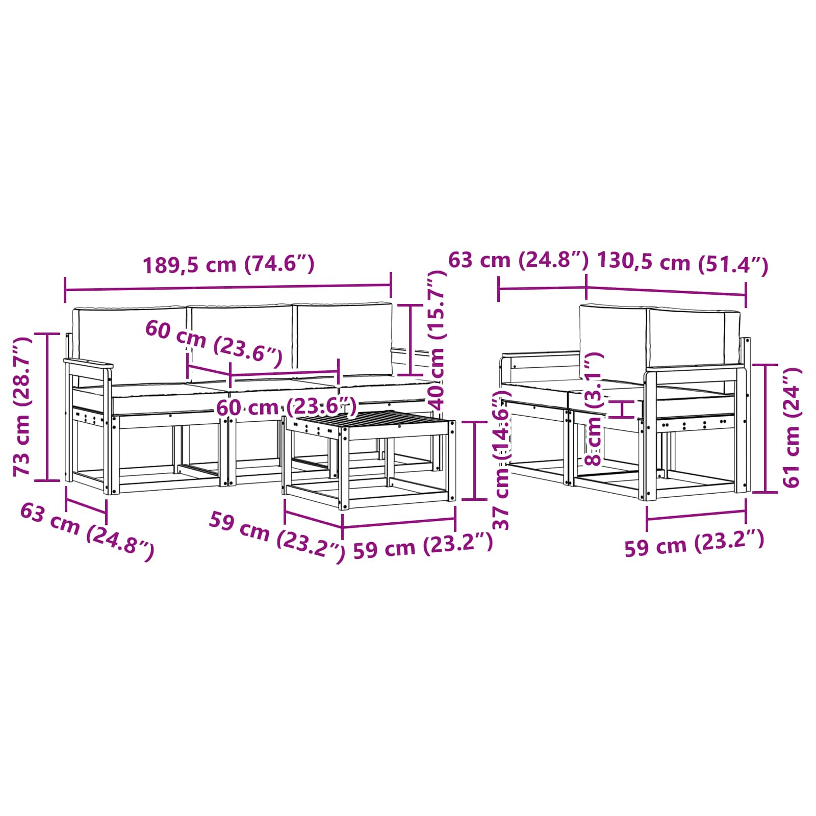 Set vanjskih sofa 6 pcs Bijela i svjetlosiva 59 x 59 x 37 cm