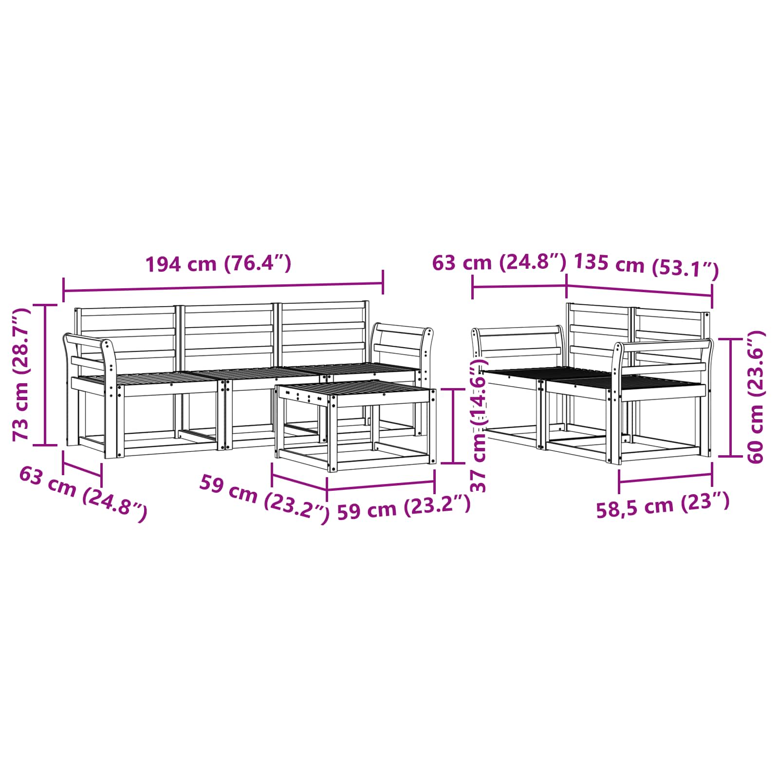 Set vanjskih sofa 6 pcs Bijela 59 x 59 x 37 cm