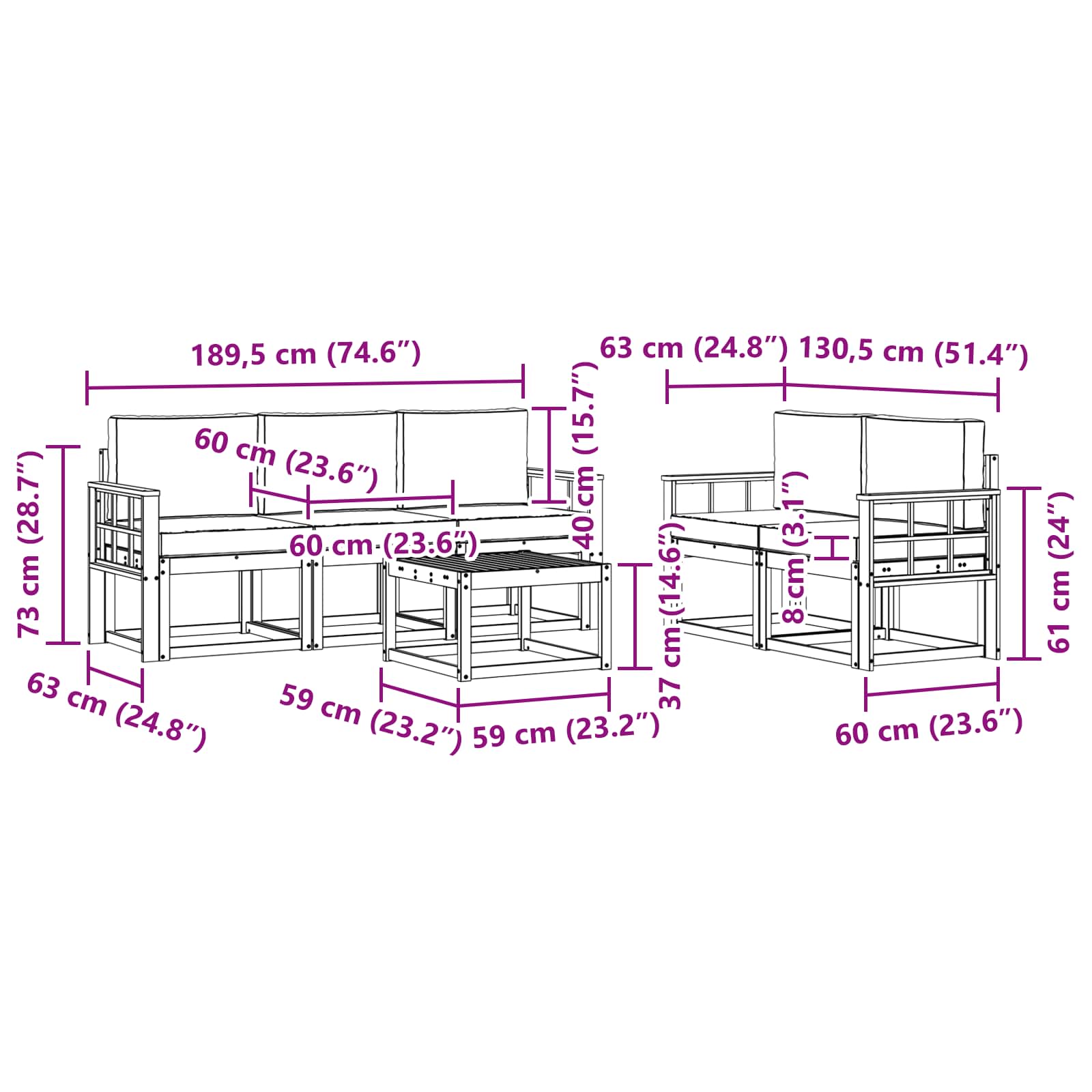 Set vanjskih sofa 6 pcs Bijela i svjetlosiva 59 x 59 x 37 cm