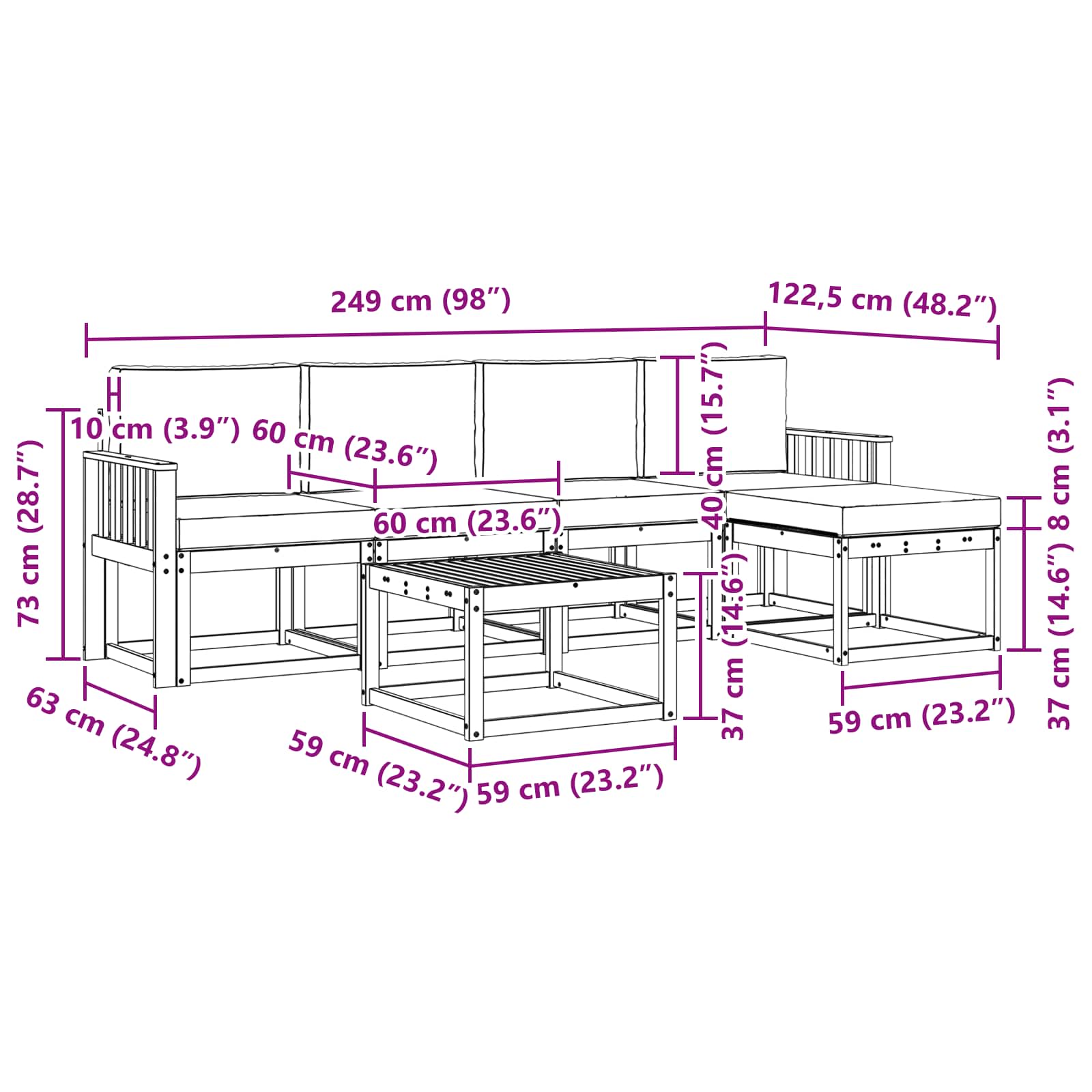 Set vanjskih sofa 6 pcs Bijela i svjetlosiva 59 x 59 x 37 cm