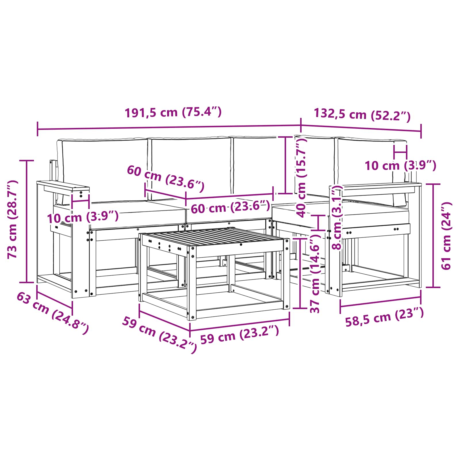 Set vanjskih sofa 5 pcs Bijela i svjetlosiva 59 x 59 x 37 cm