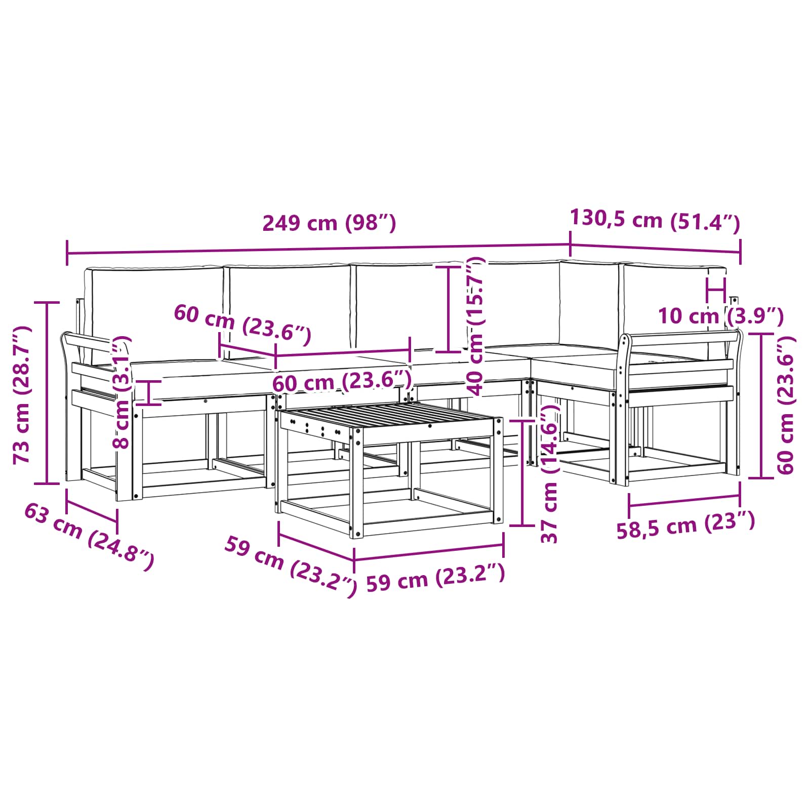 Set vanjskih sofa 6 pcs Bijela i bež Čvrsto drvo akacije