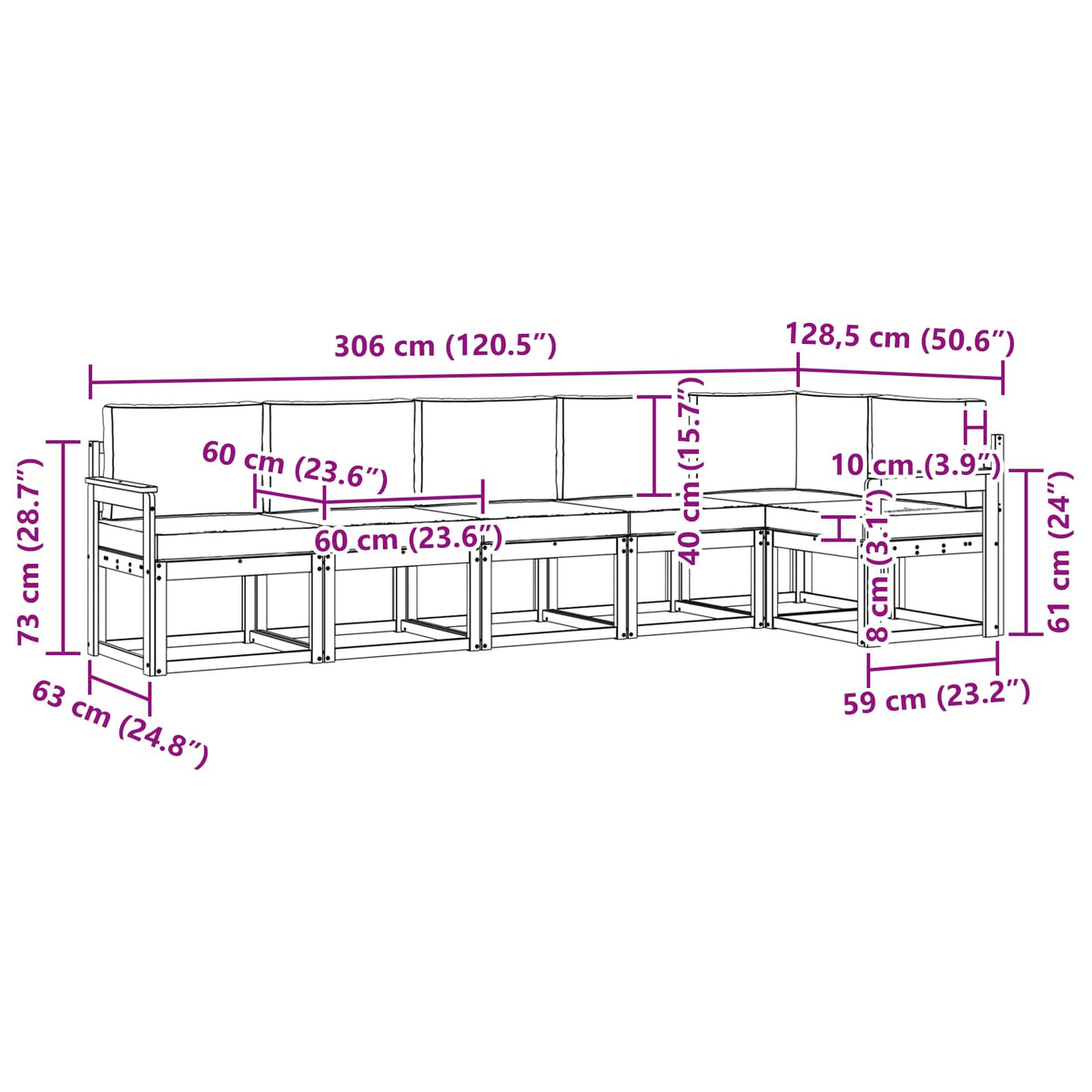 Set vanjskih sofa 6 kom. Bijela i svjetlosiva Smeđa 306 x 126,5 x 73 cm