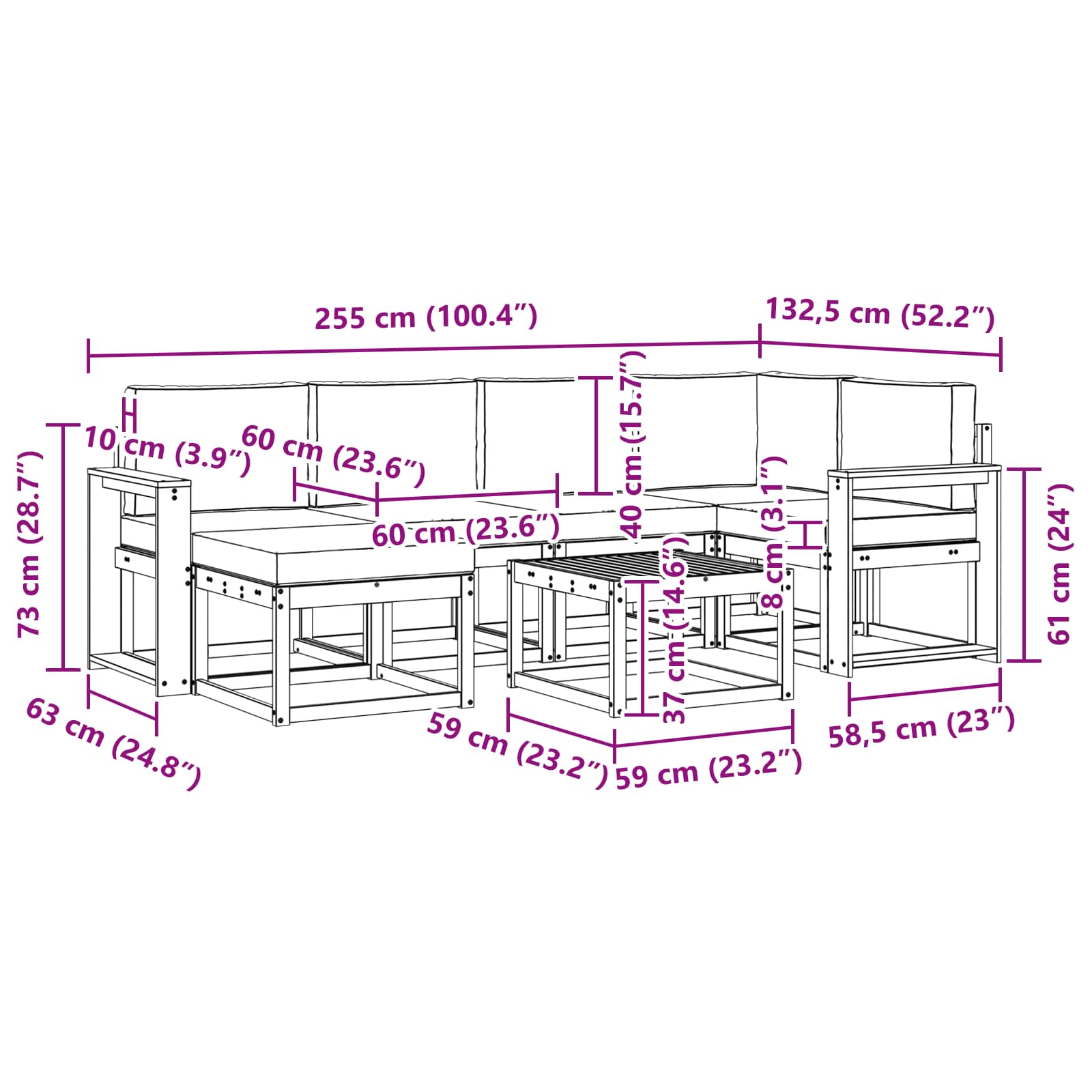 Set vanjskih sofa 7 pcs Bijela i bež Čvrsto drvo akacije