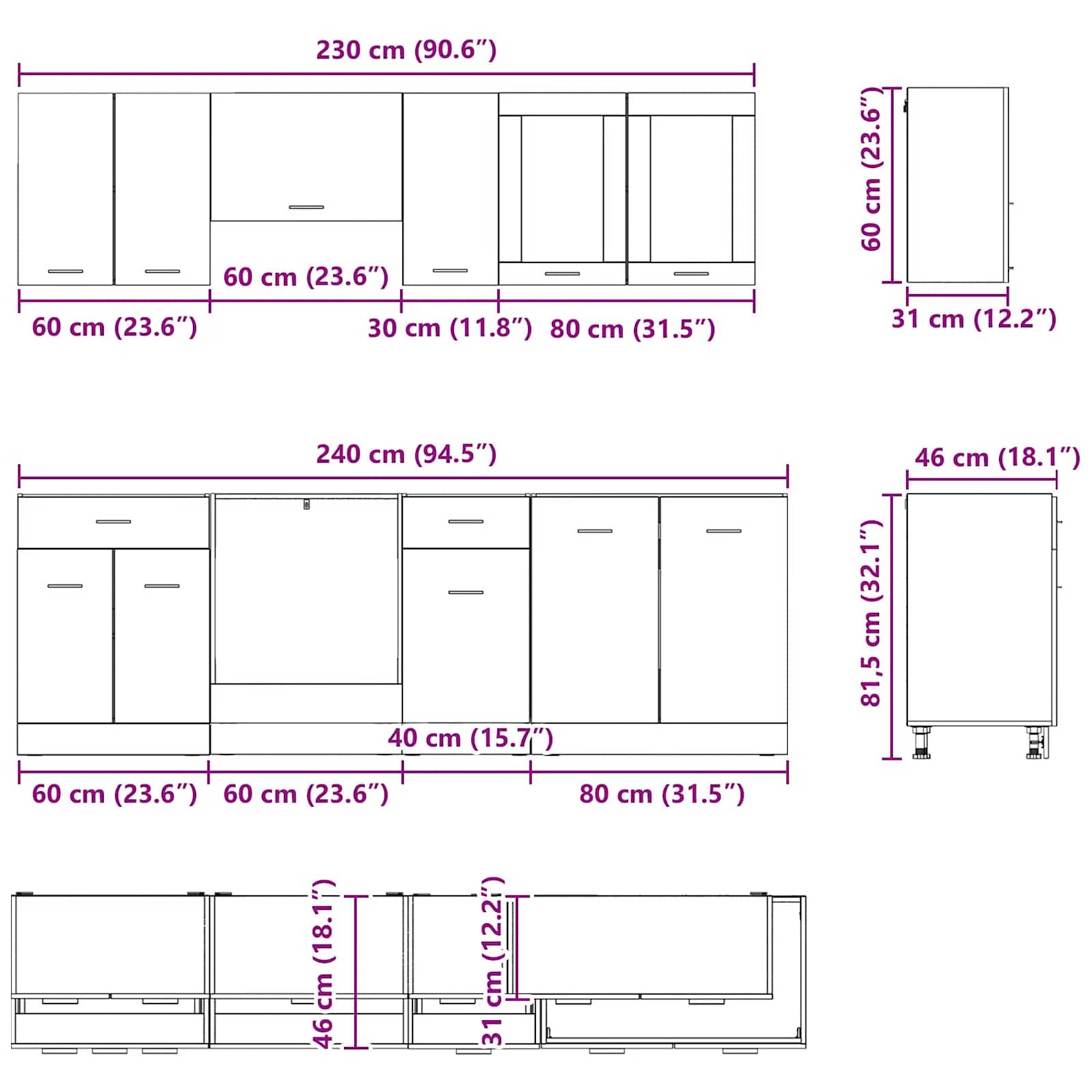 Set kuhinjskih ormarića s ladicama Lyon 8 pcs Dimljeni hrast