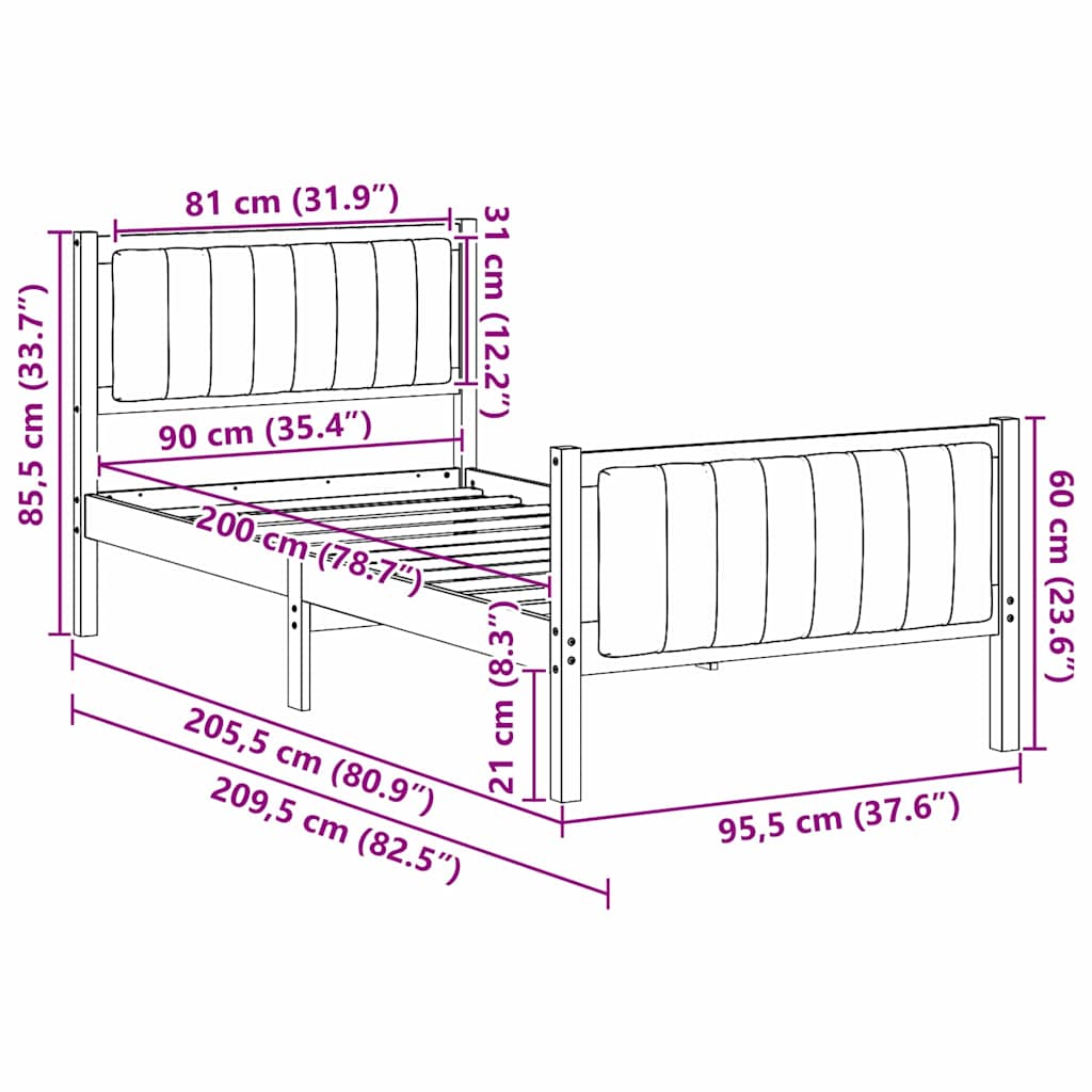 Okvir kreveta Smeđa i taupe 90 x 200 cm Masivna borovina
