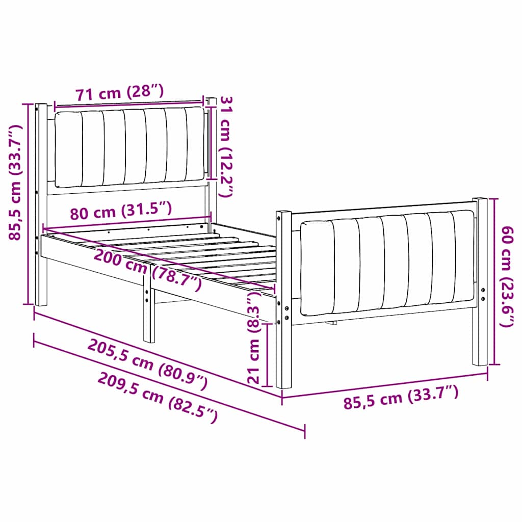Okvir kreveta Smeđa i crna 80 x 200 cm Masivna borovina