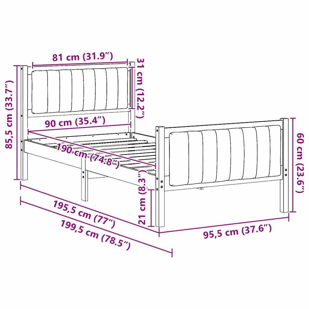 Okvir kreveta s uzglavljem Smeđa i svijetlo siva 90 x 190 cm