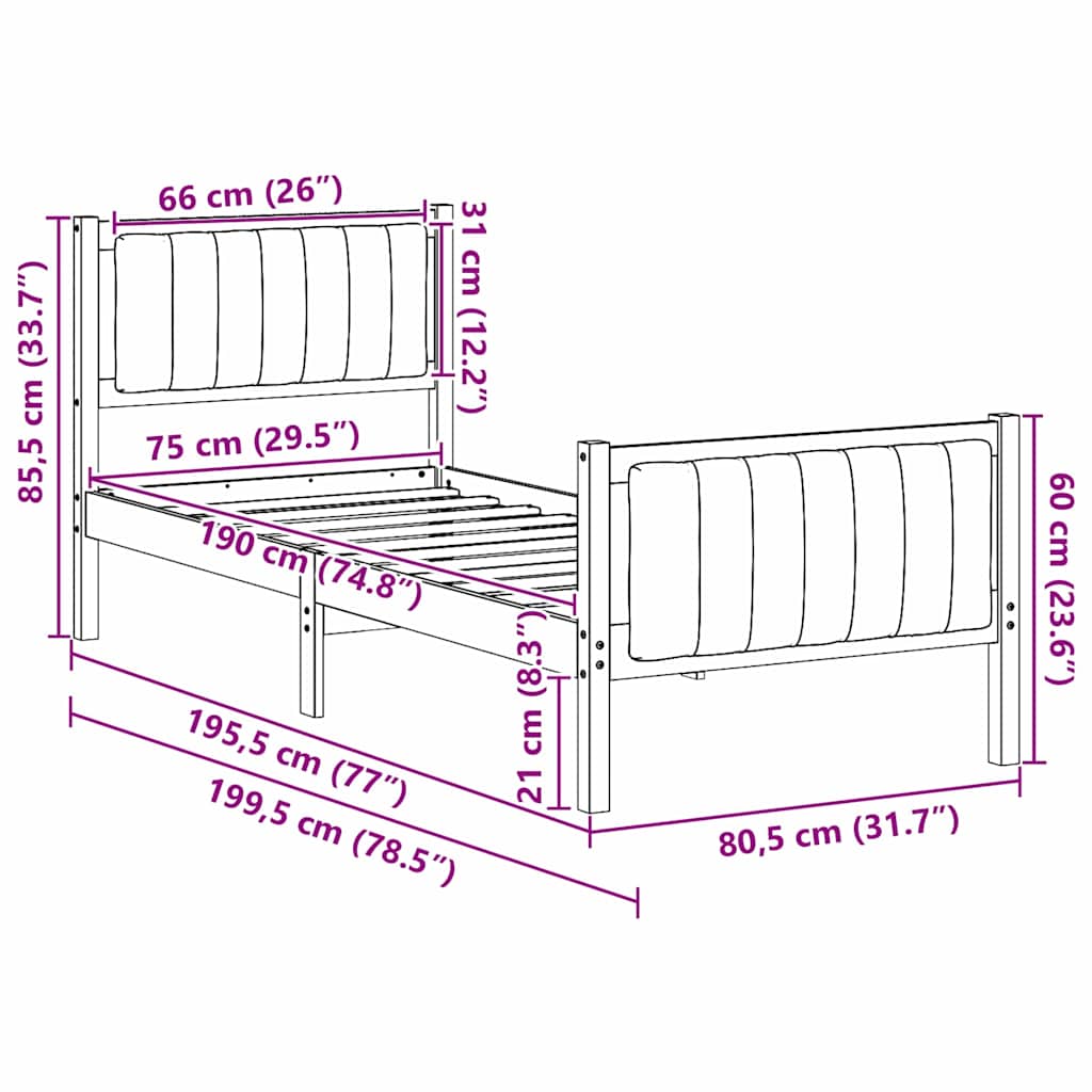 Okvir kreveta s uzglavljem Smeđa i svijetlo siva 75 x 190 cm
