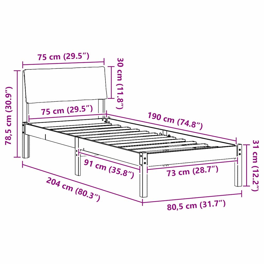 Okvir kreveta s uzglavljem Bijela i svijetlosiva 75 x 190 cm