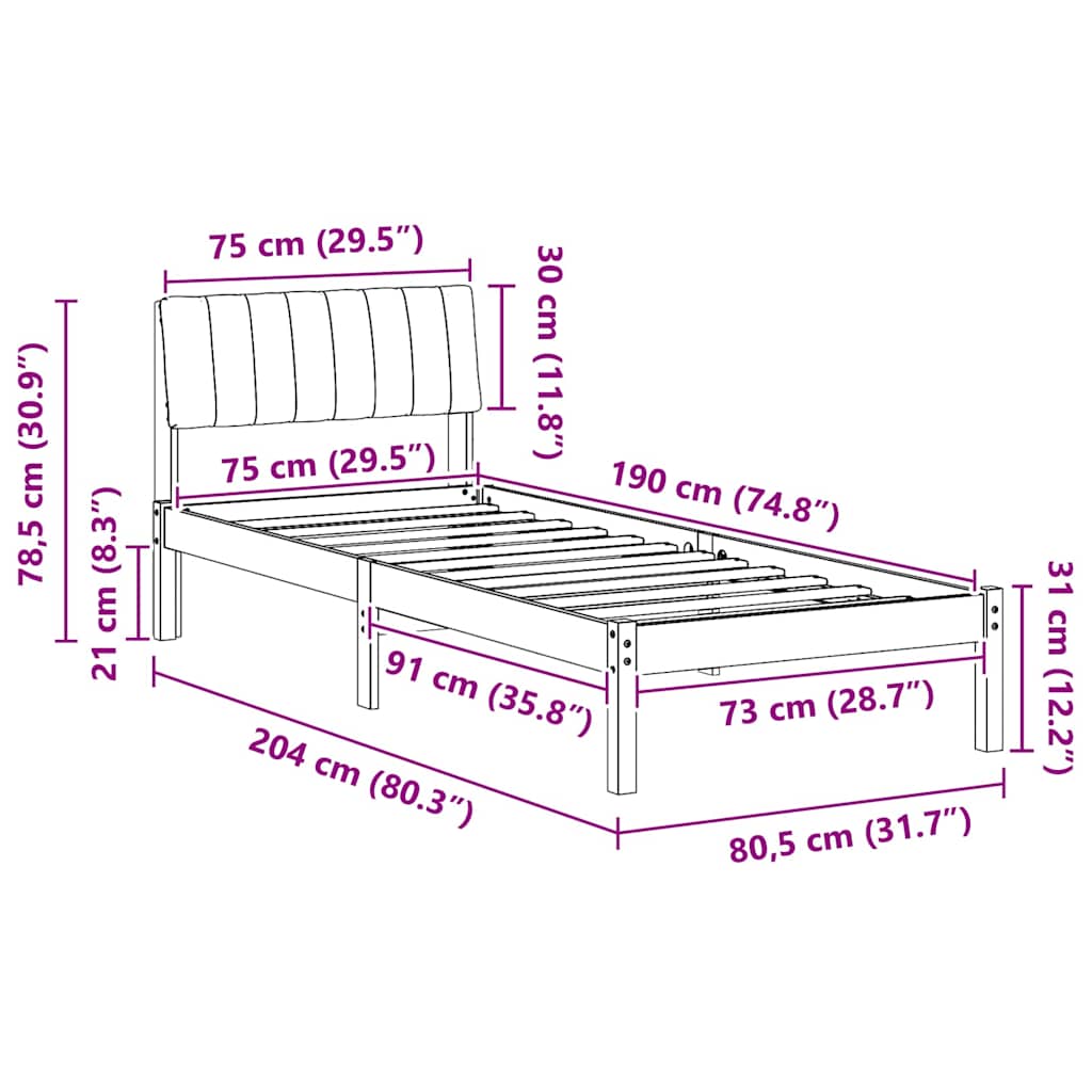 Okvir kreveta s uzglavljem Bijela i svijetlosiva 75 x 190 cm