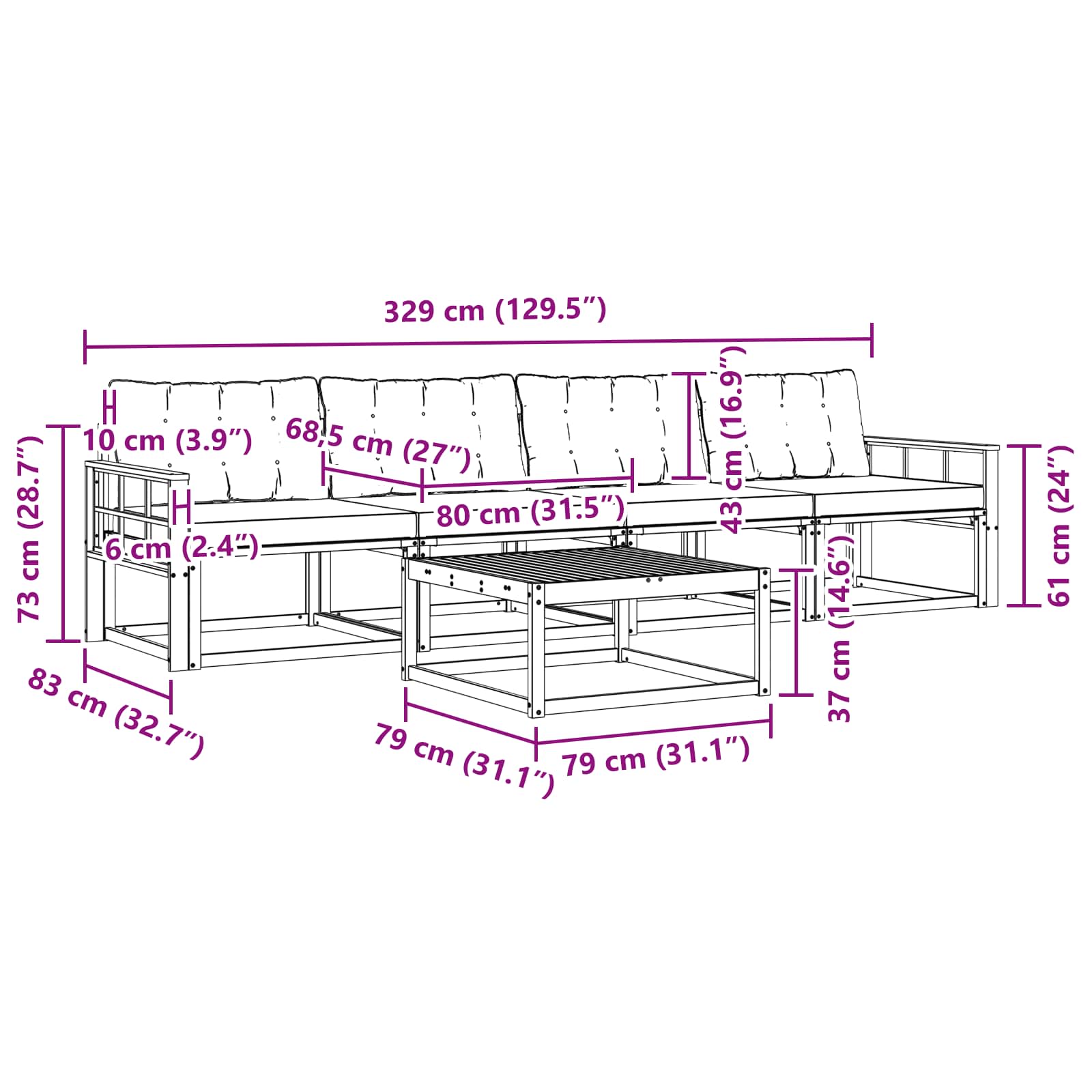 Set vanjskih sofa 5 pcs Bijela i crna 79 x 79 x 37 cm