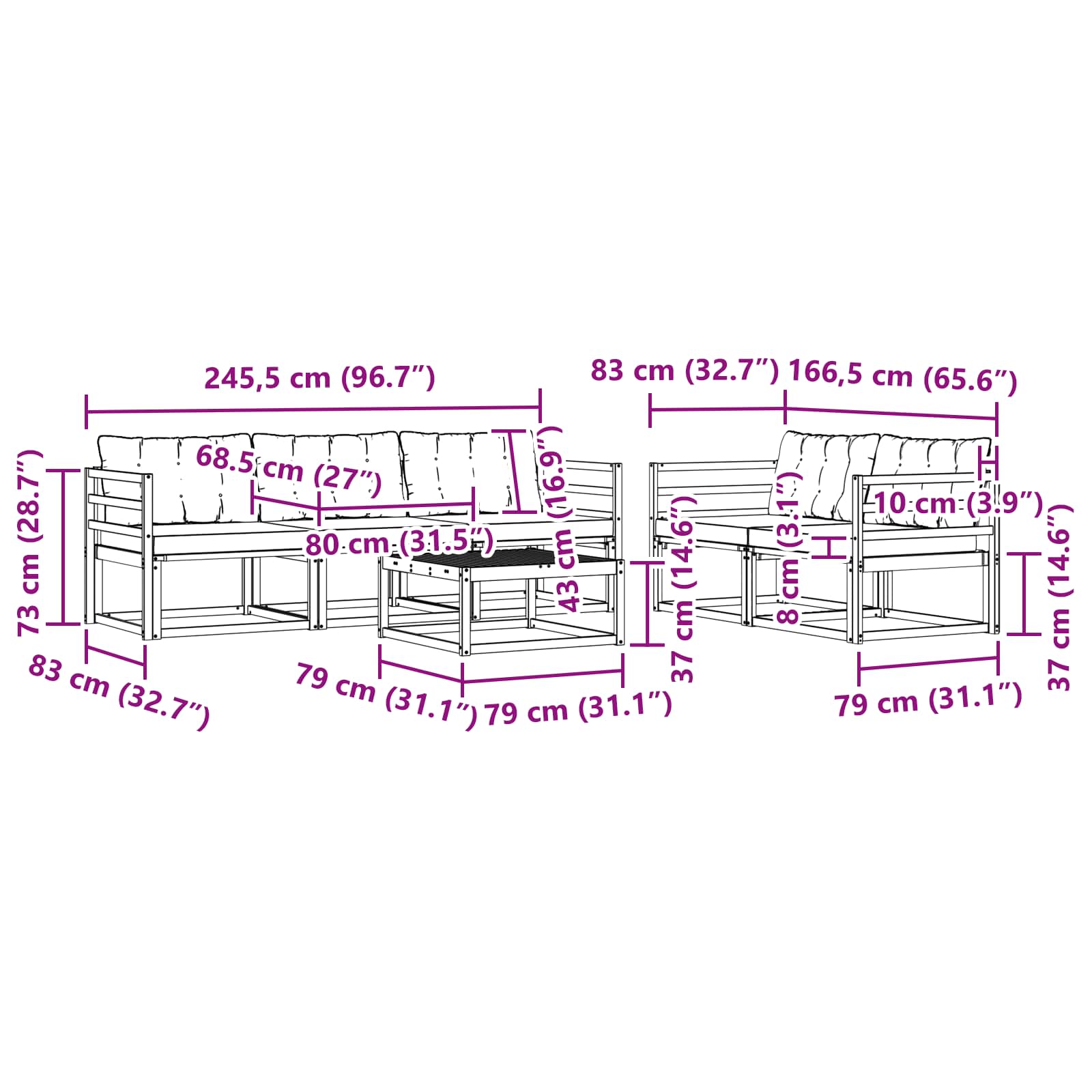 Set vanjskih sofa 6 pcs Bijela i crna 79 x 79 x 37 cm