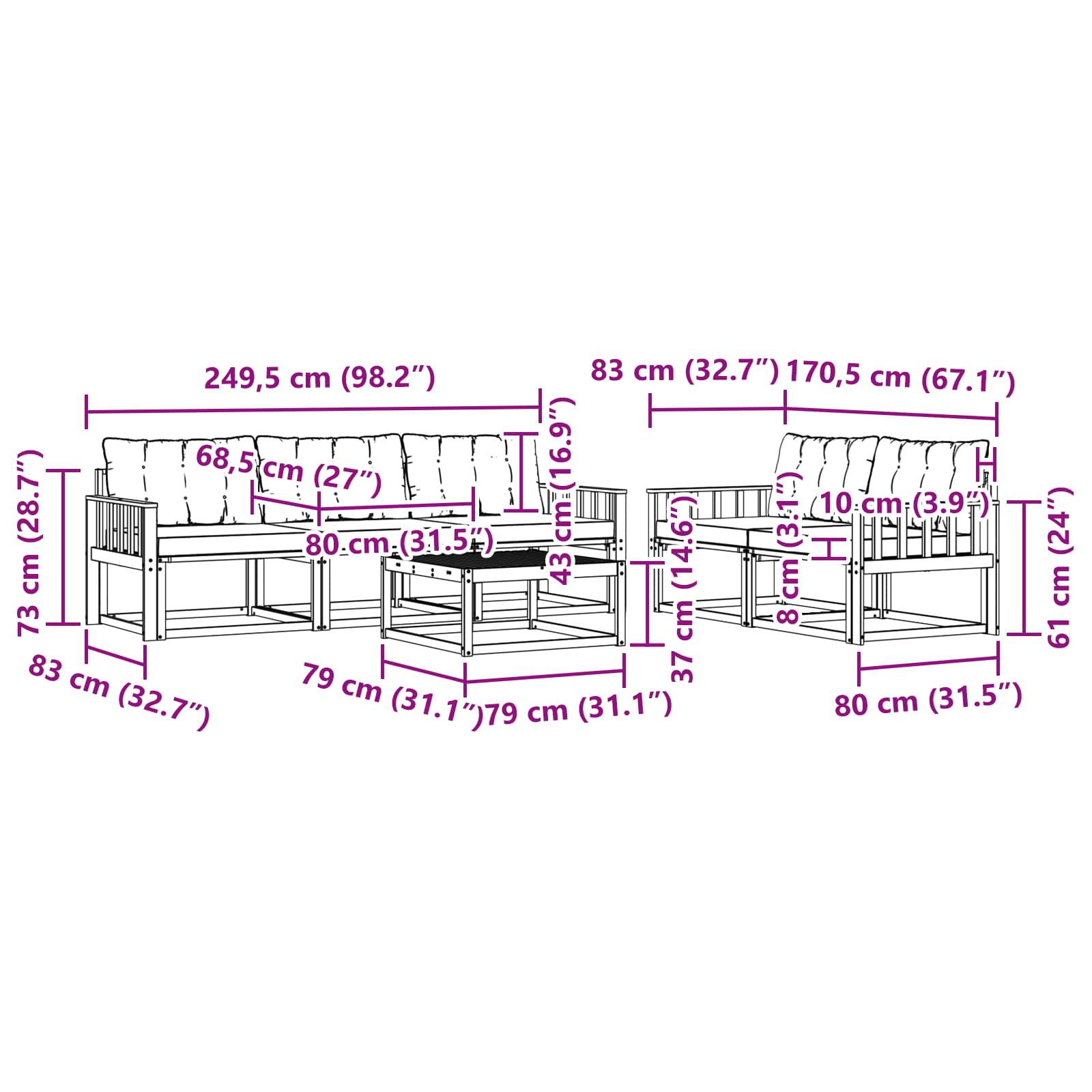 Set vanjskih sofa 6 pcs Bijela i crna 79 x 79 x 37 cm