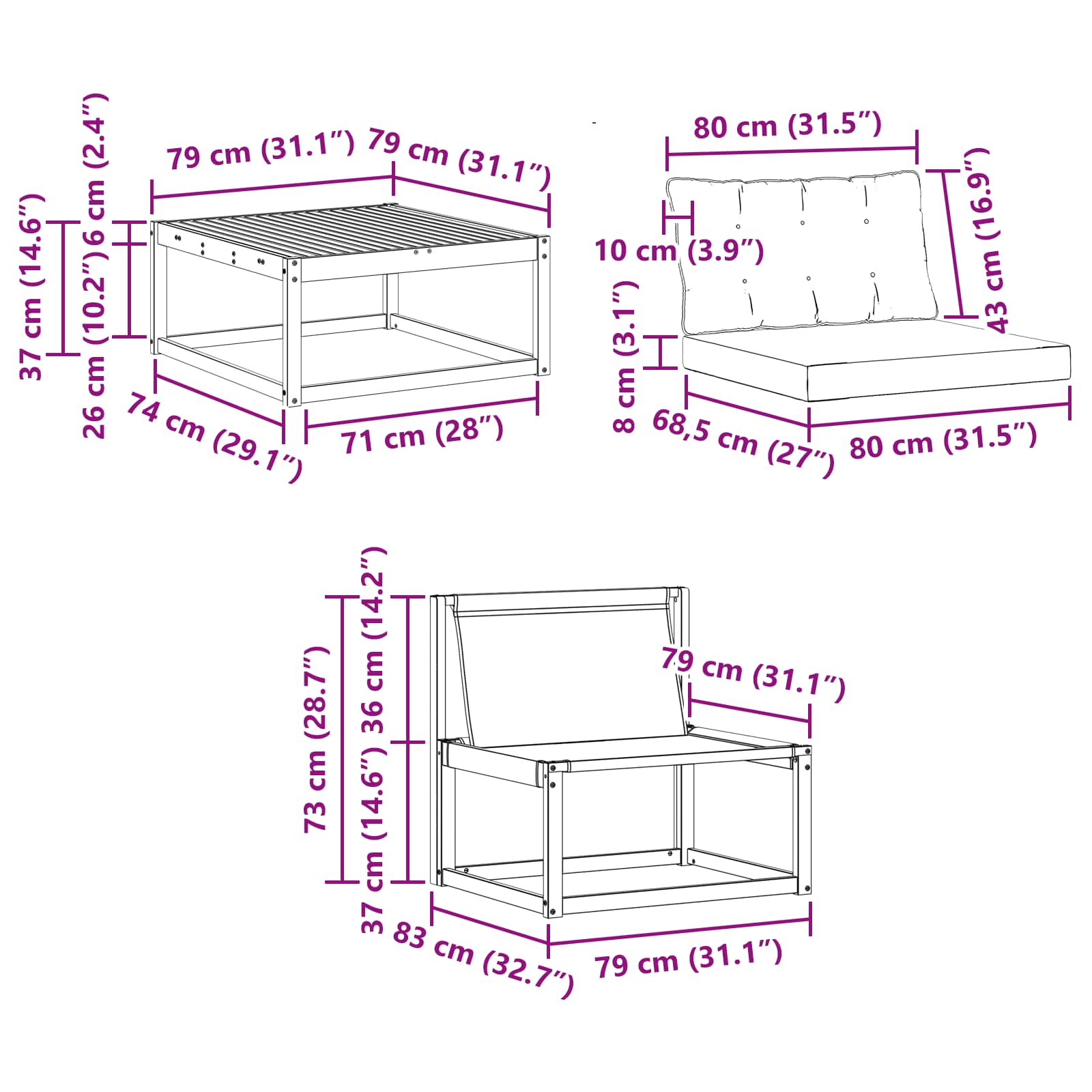 Set vanjskih sofa 6 pcs Bijela i crna 79 x 79 x 37 cm