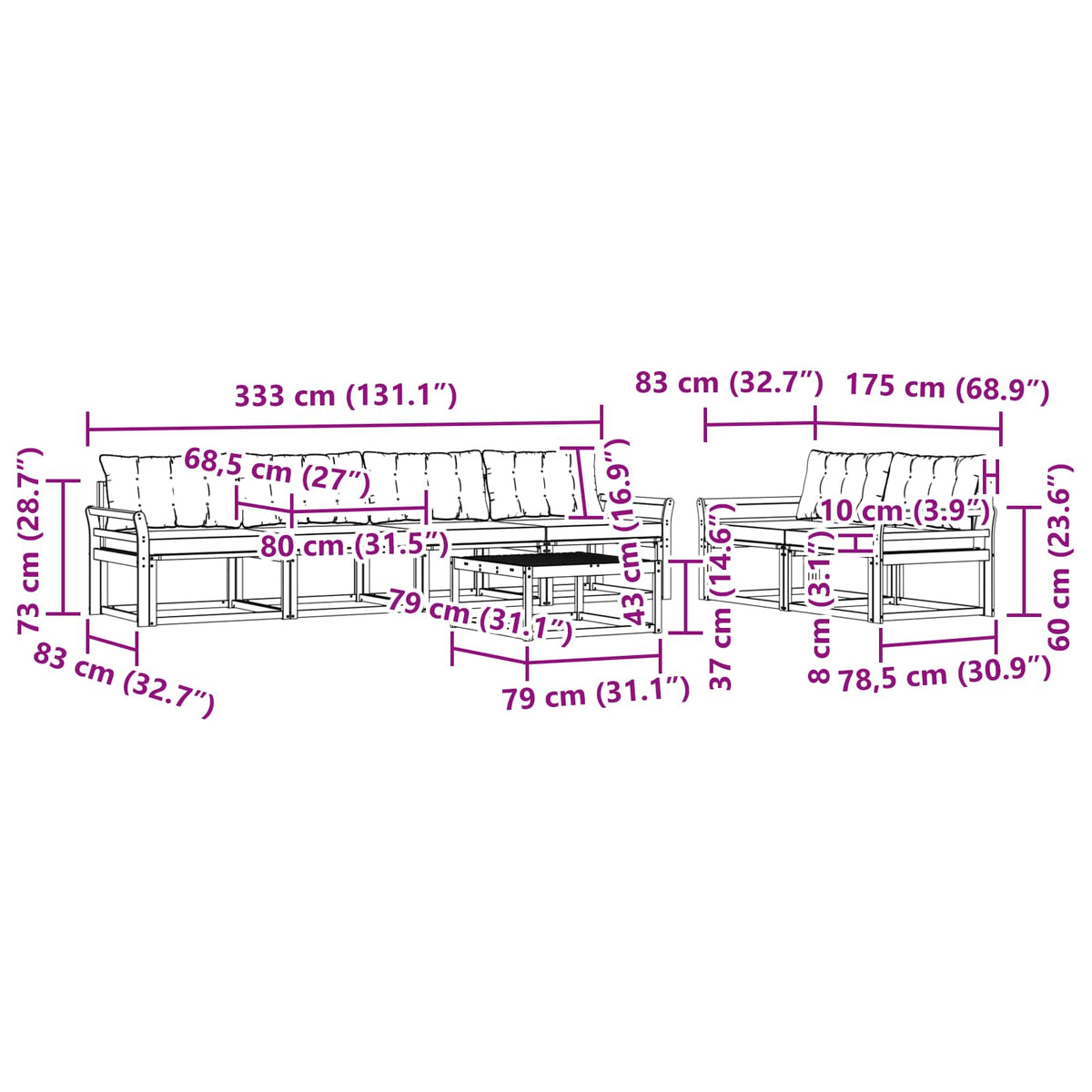 Set vanjskih sofa 7 kom. Bijela i crna