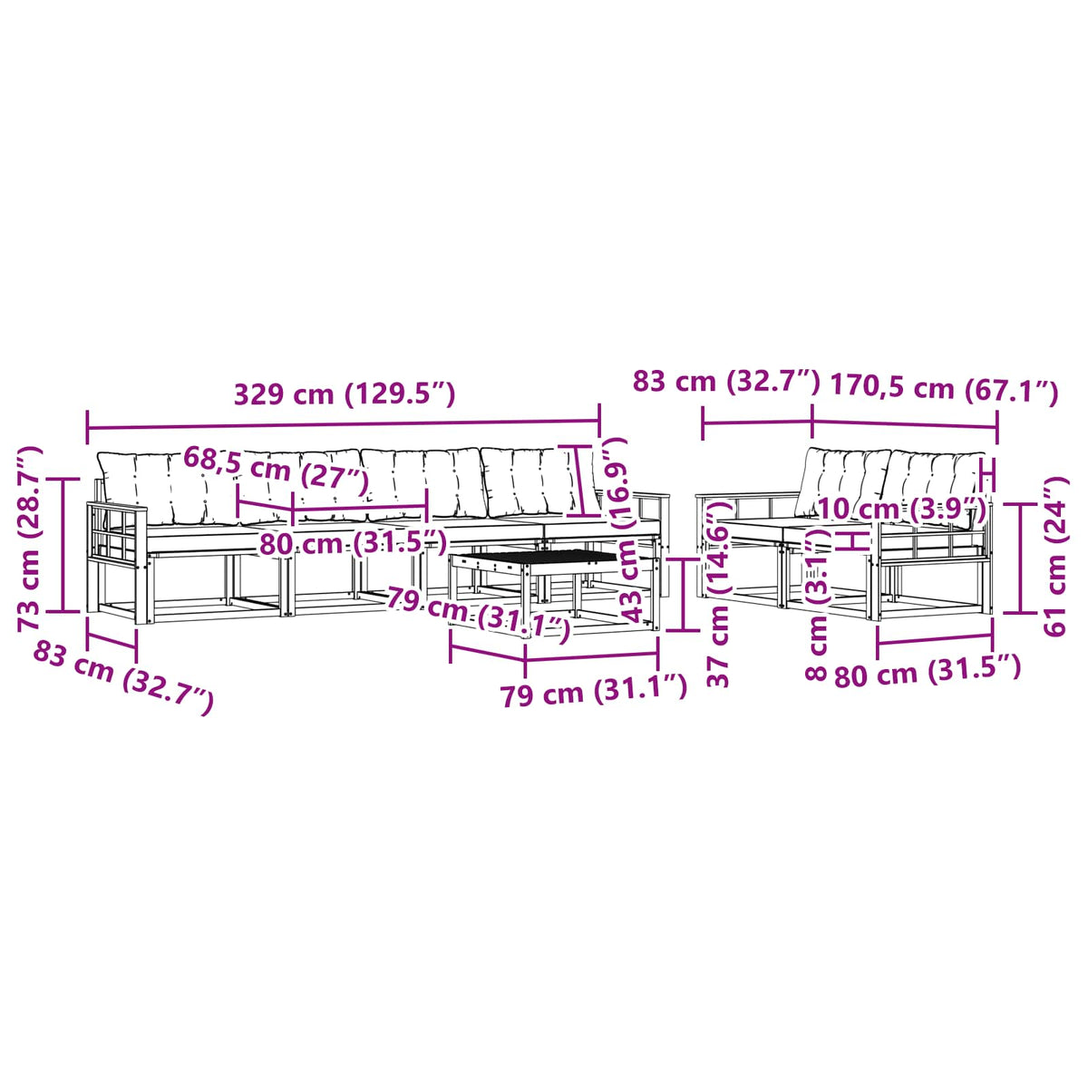 Set vanjskih sofa 7 kom. Bijela i crna