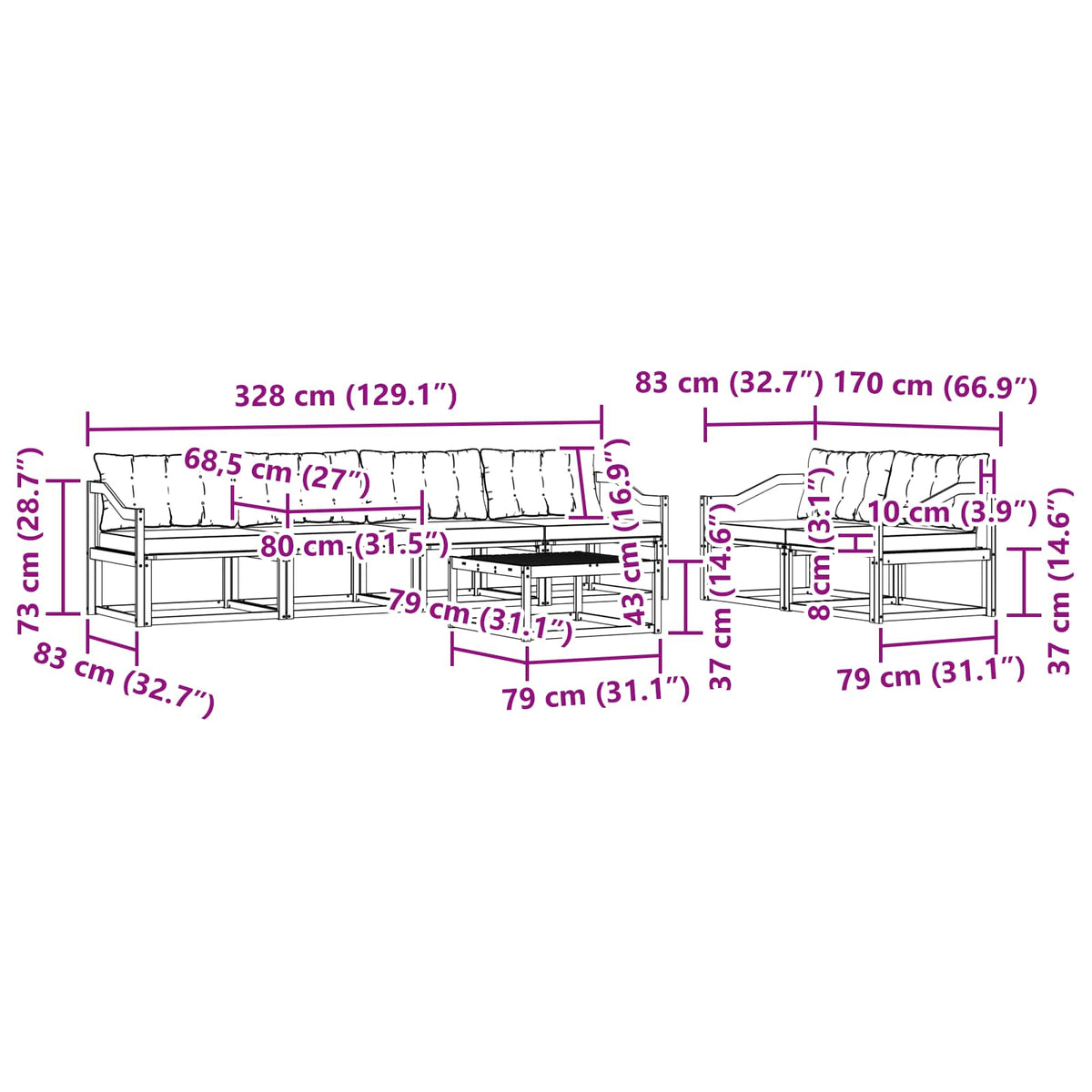 Set vanjskih sofa 7 kom. Bijela i crna
