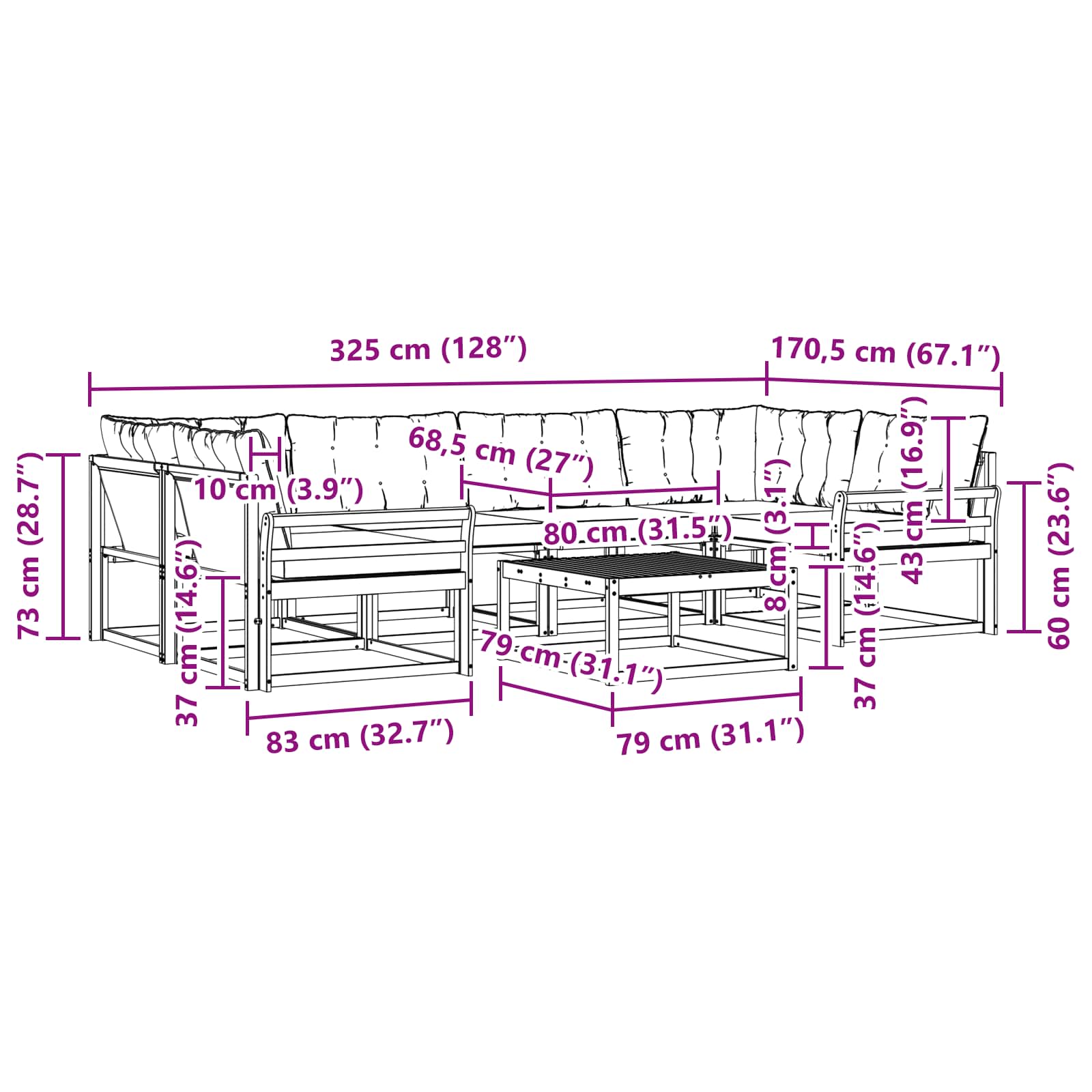 Set vanjskih sofa 7 pcs Bijela i crna 79 x 79 x 37 cm