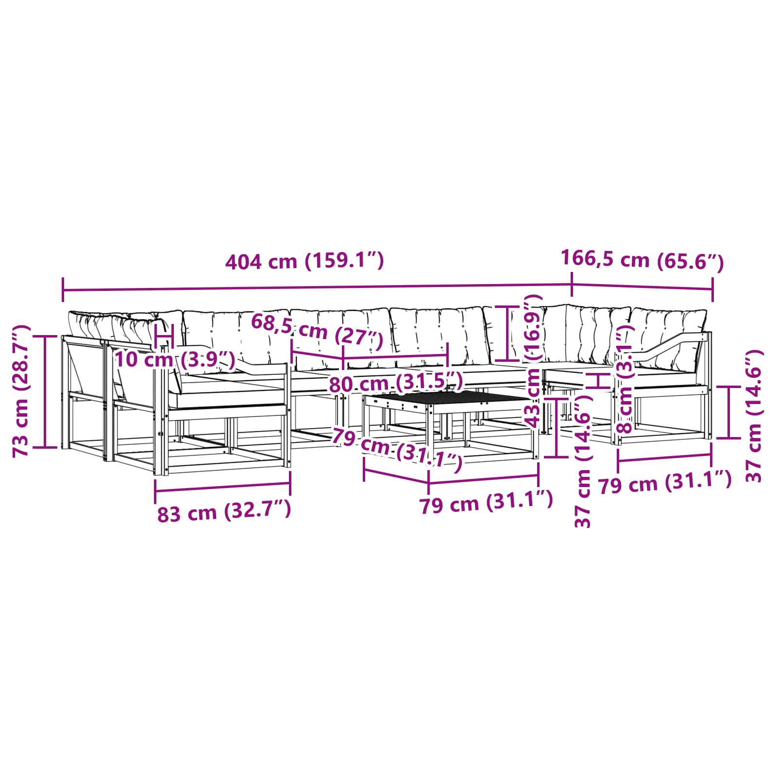 Set vanjskih sofa 8 pcs Bijela i crna 79 x 79 x 37 cm