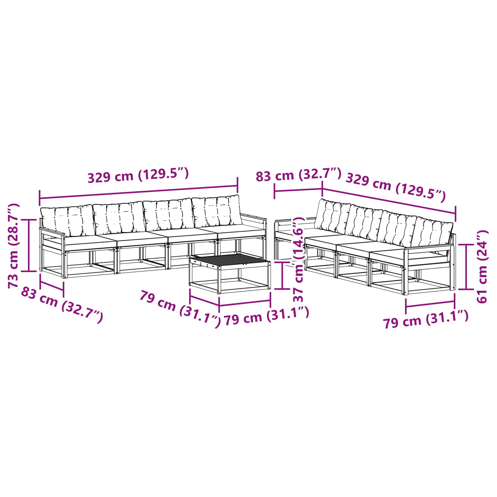 Set vanjskih sofa 9 pcs Bijela i crna 79 x 79 x 37 cm