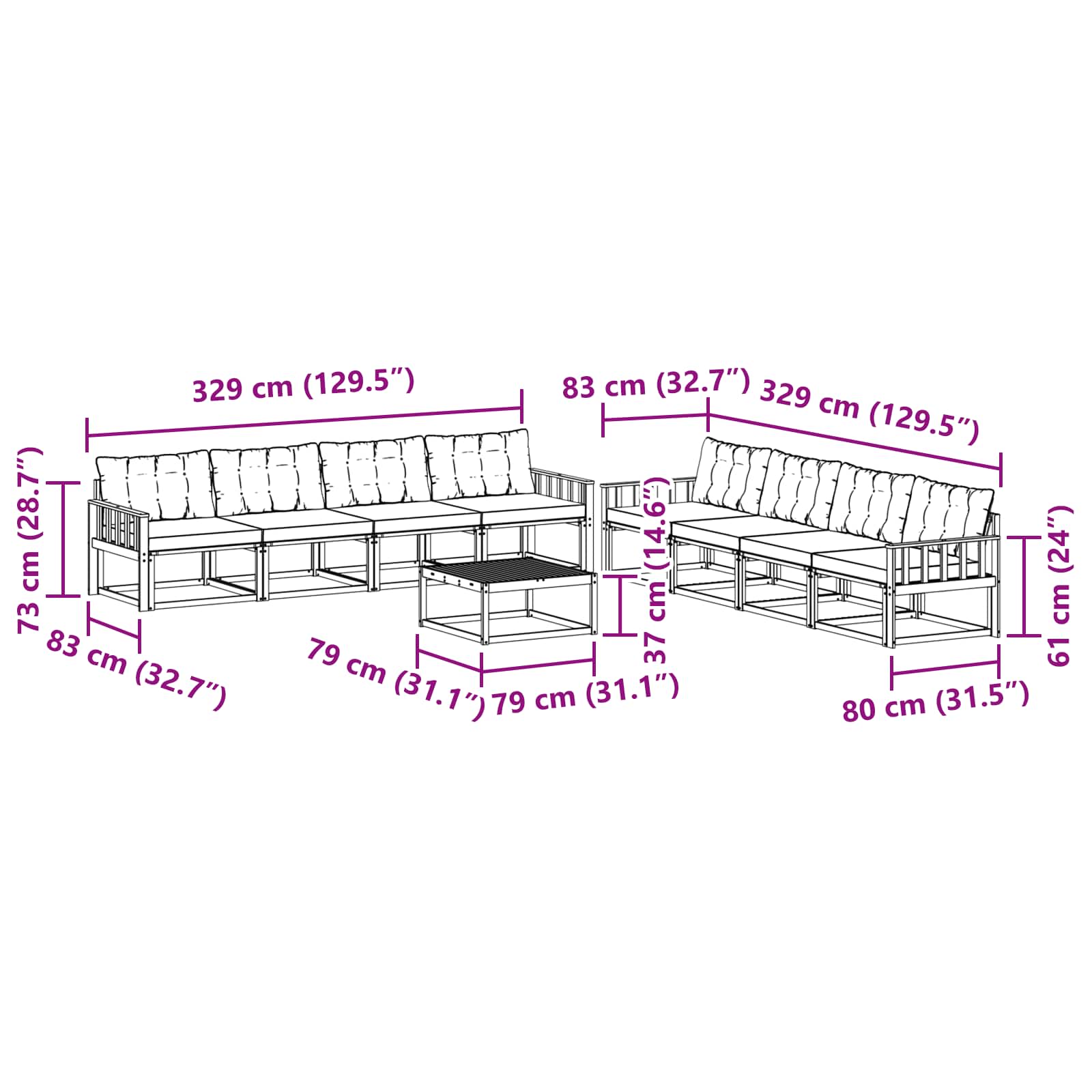 Set vanjskih sofa 9 pcs Bijela i crna 79 x 79 x 37 cm