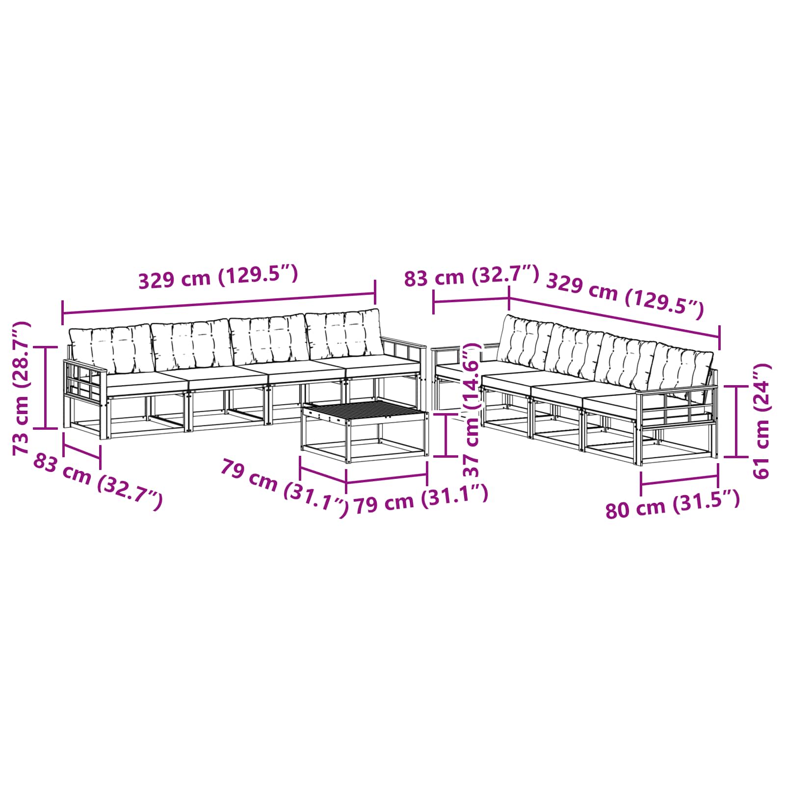 Set vanjskih sofa 9 pcs Bijela i crna 79 x 79 x 37 cm