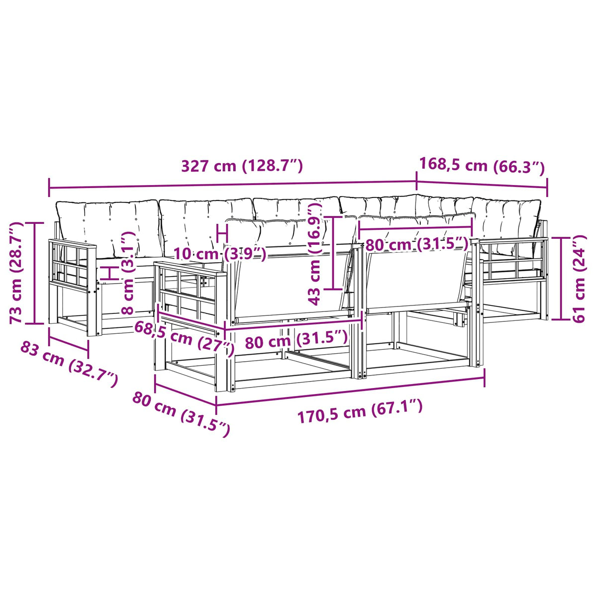 Set vanjskih sofa 7 kom. Bijela i krem Smeđa 327 x 168,5 x 73 cm