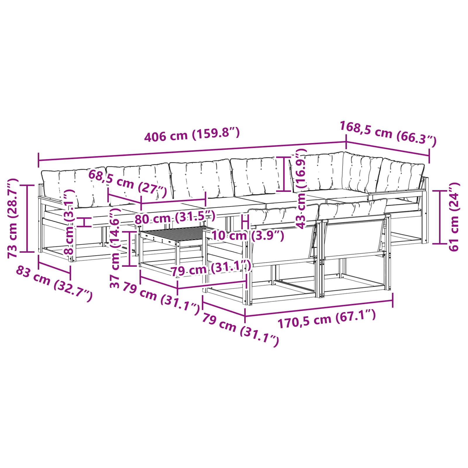 Set vanjskih sofa 9 pcs Bijela i crna 79 x 79 x 37 cm