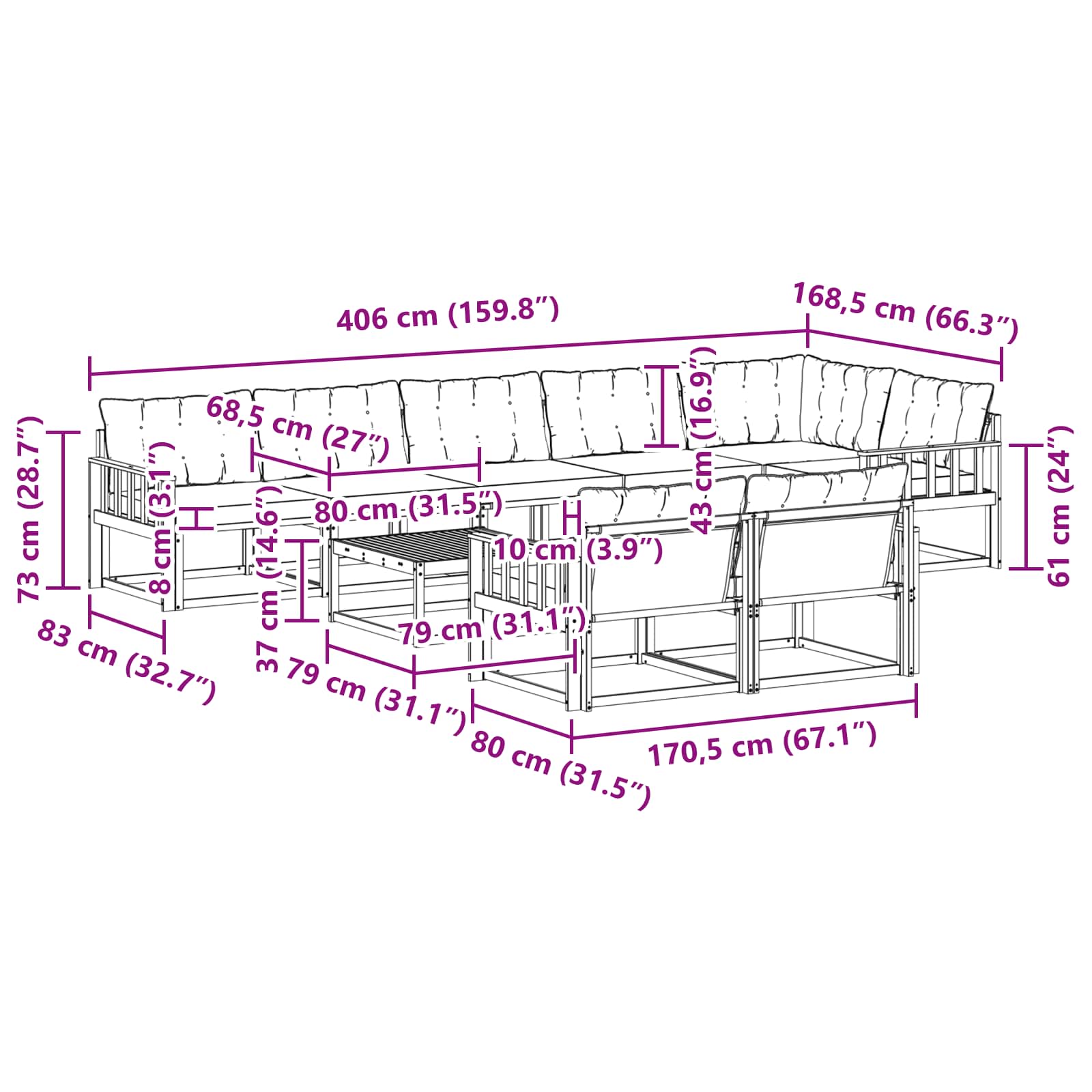 Set vanjskih sofa 9 pcs Bijela i crna 79 x 79 x 37 cm