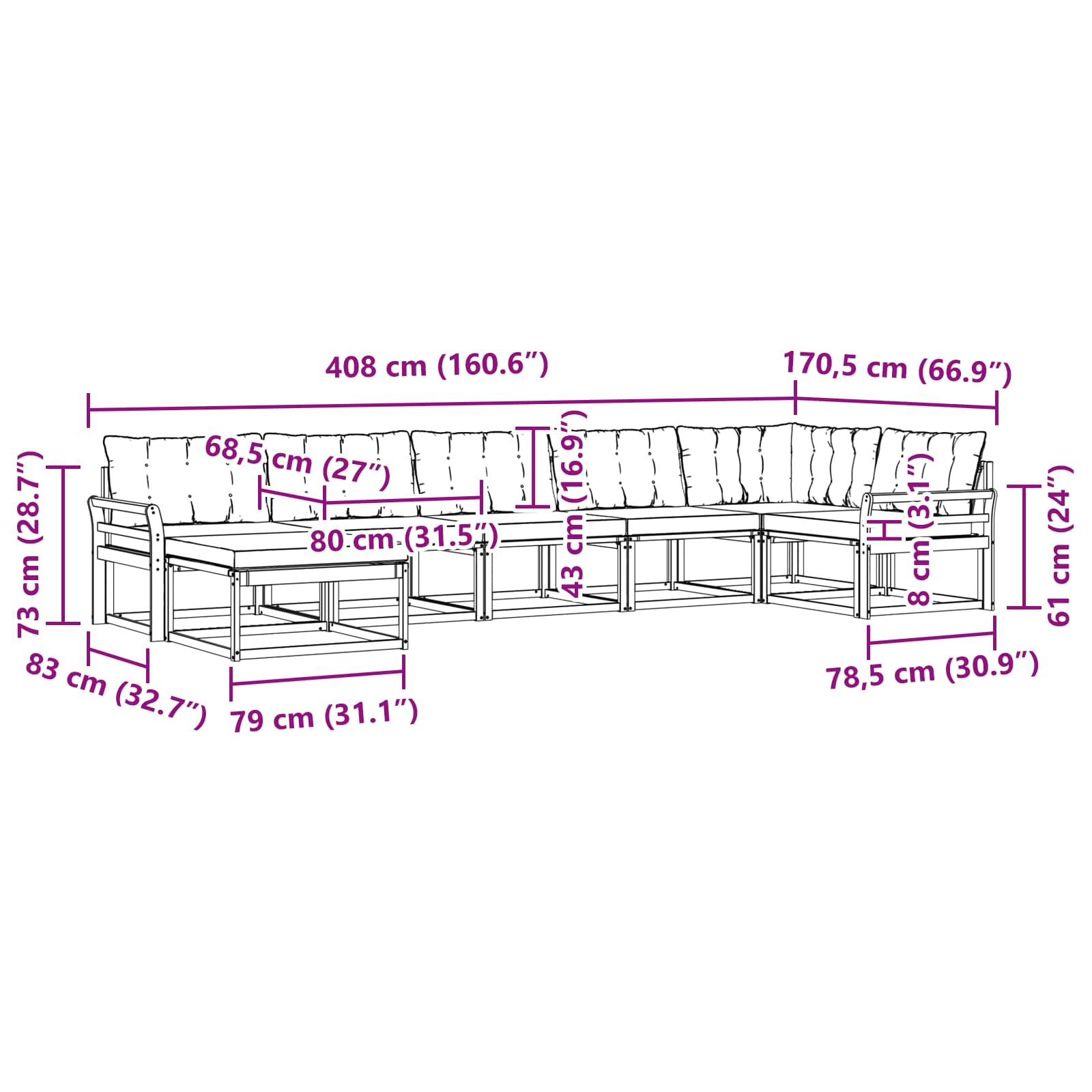 Set vanjskih sofa s jastukom 7 pcs Bijela i crna
