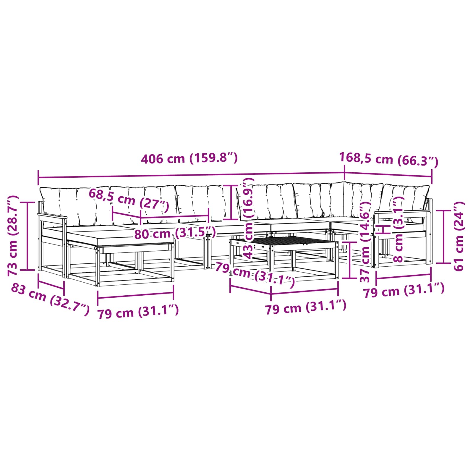 Set vanjskih sofa 8 pcs Bijela i bež Čvrsto drvo akacije