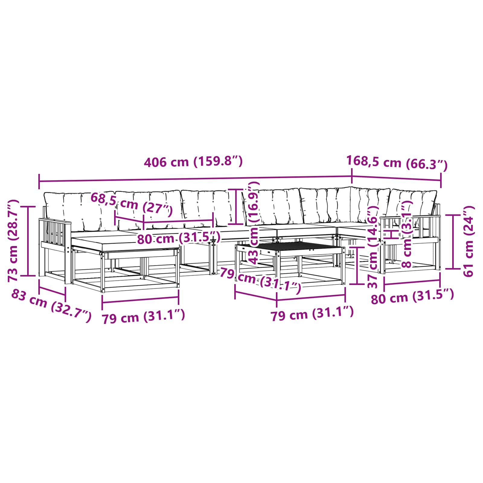 Set vanjskih sofa 8 pcs Bijela i crna Čvrsto drvo akacije