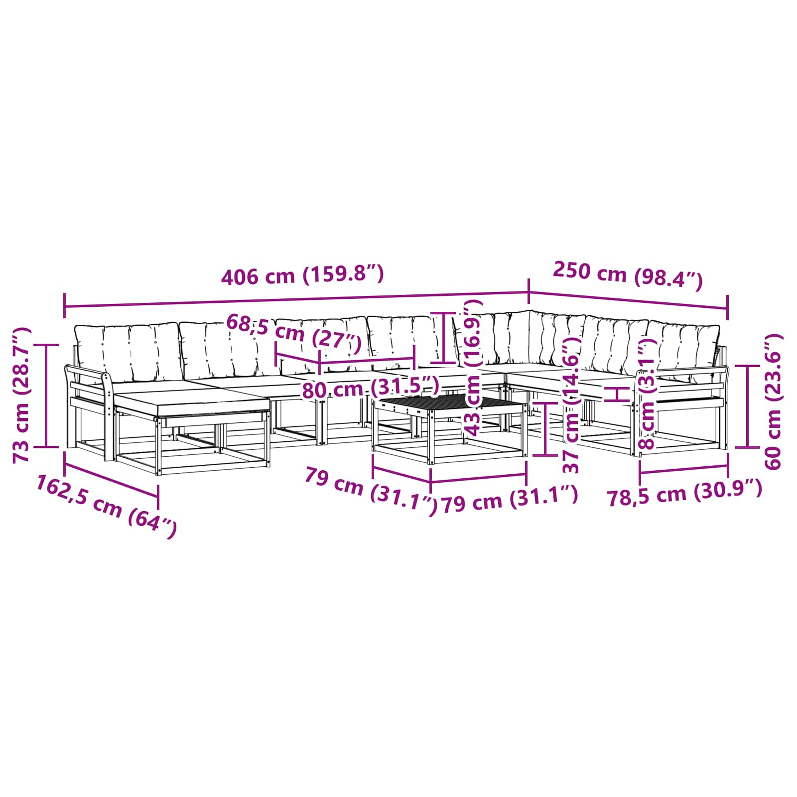Set vanjskih sofa 9 pcs Bijela i crna 79 x 79 x 37 cm