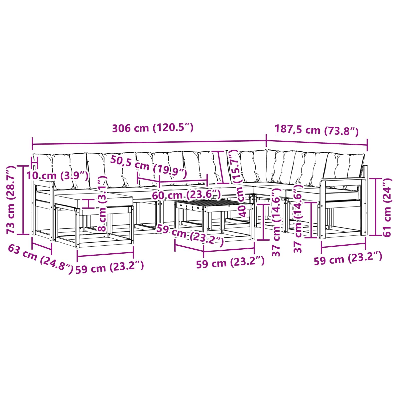 Set vanjskih sofa s jastukom 9 pcs Bijela i crna