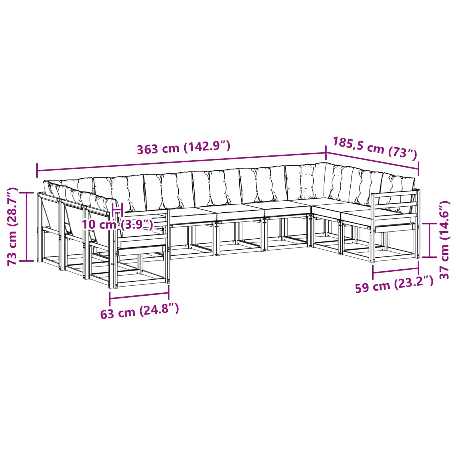 Set vanjskih sofa s jastukom 10 pcs Bijela i crna