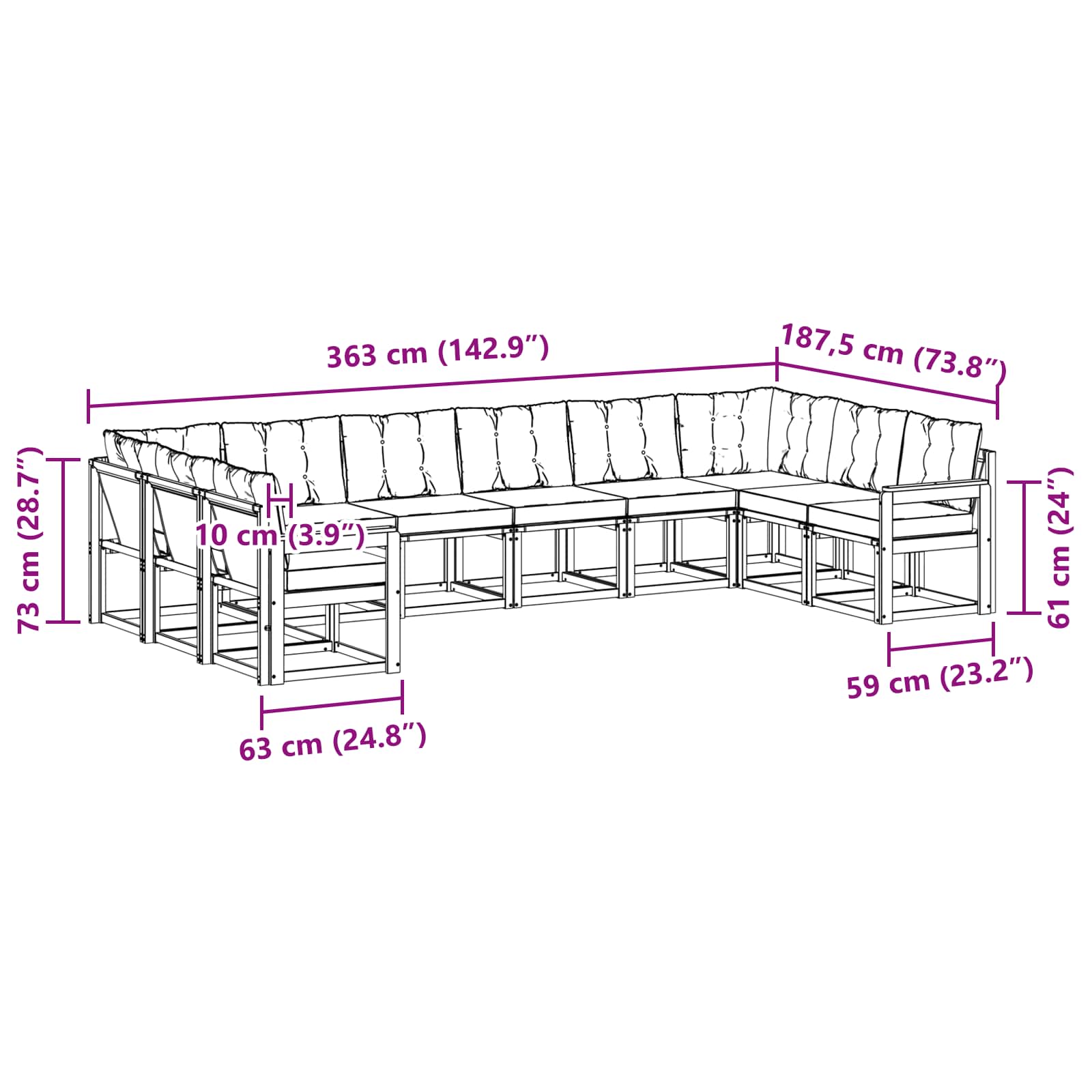 Set vanjskih sofa s jastukom 10 pcs Bijela i crna