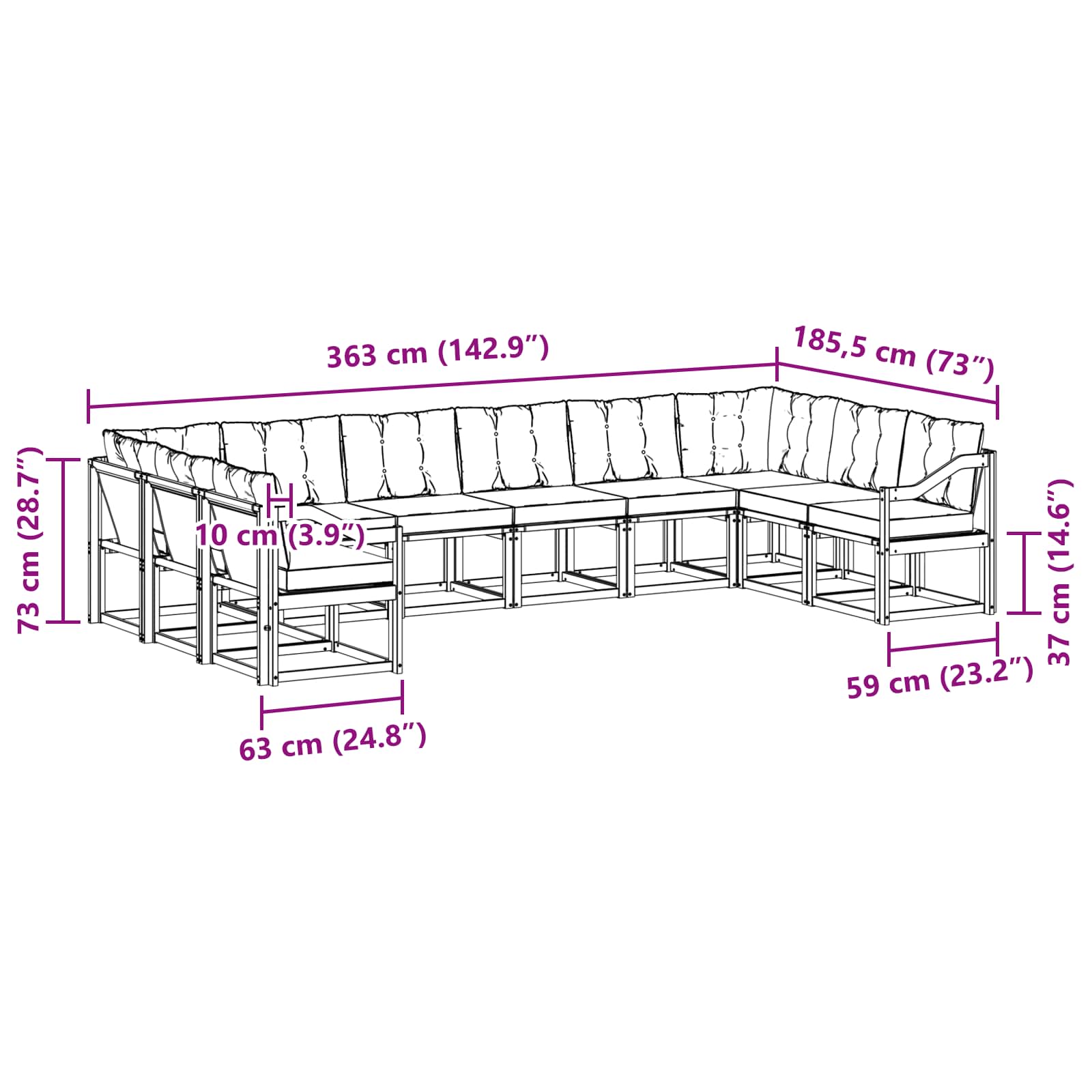 Set vanjskih sofa s jastukom 10 pcs Bijela i crna