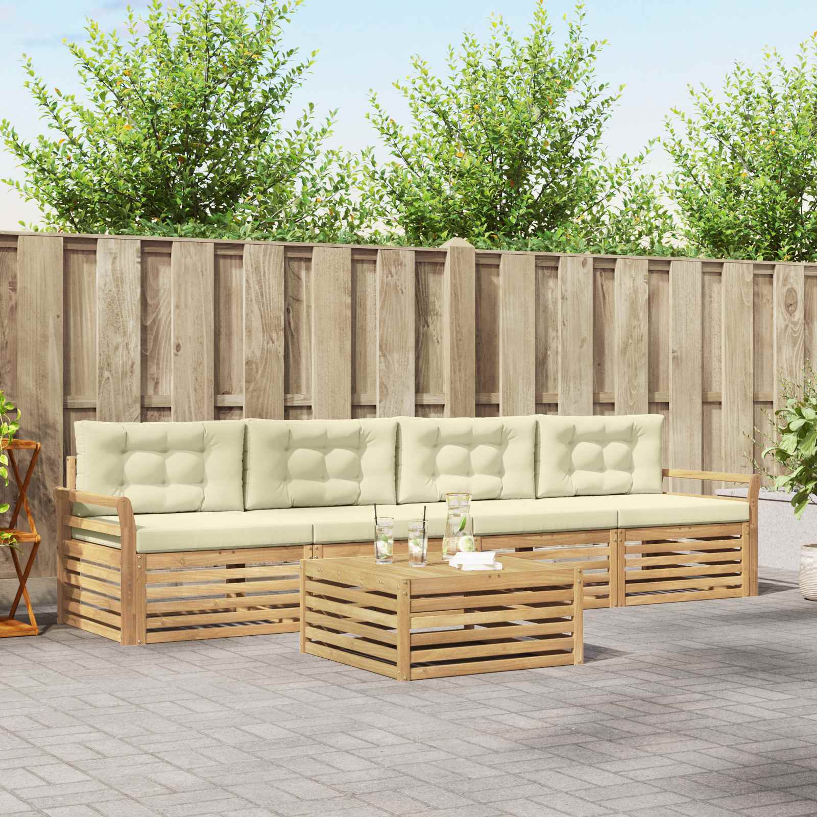 Set vanjskih sofa 5 kom. Bijela i krem Čvrsto drvo akacije