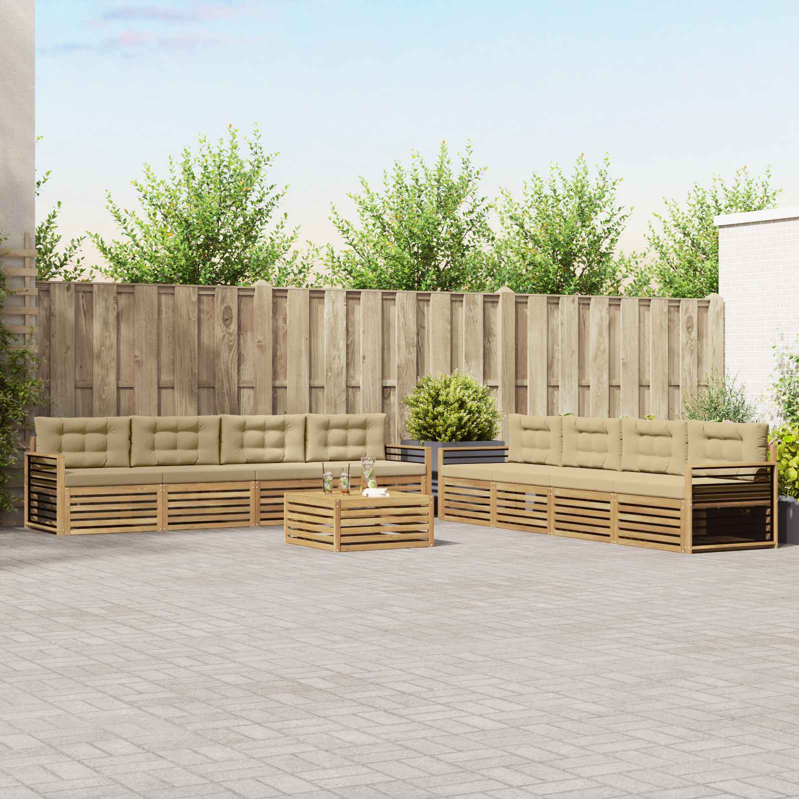 Set vanjskih sofa s jastukom 9 pcs Bijela i bež Poliester