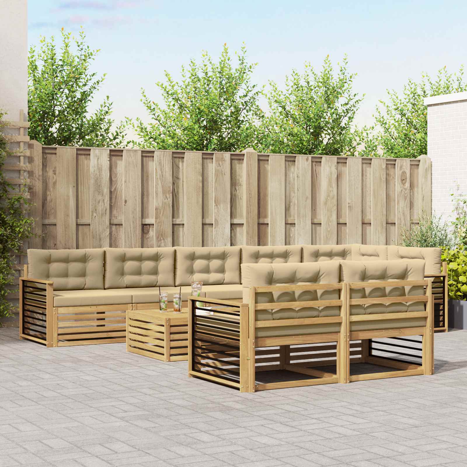 Set vanjskih sofa s jastukom 9 pcs Bijela i bež Poliester