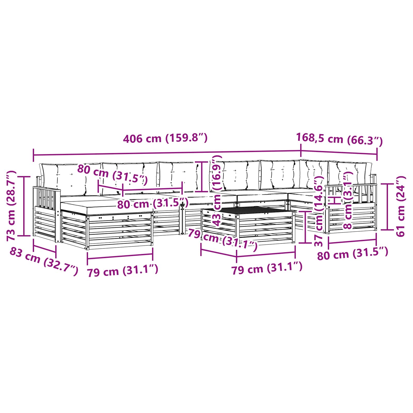 Set vanjskih sofa s jastukom 8 pcs