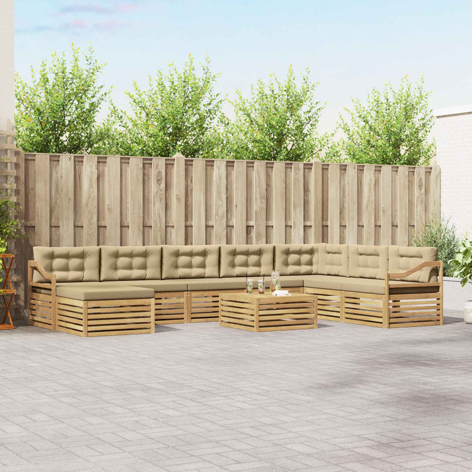 Set vanjskih sofa s jastukom 9 pcs Bijela i bež Poliester