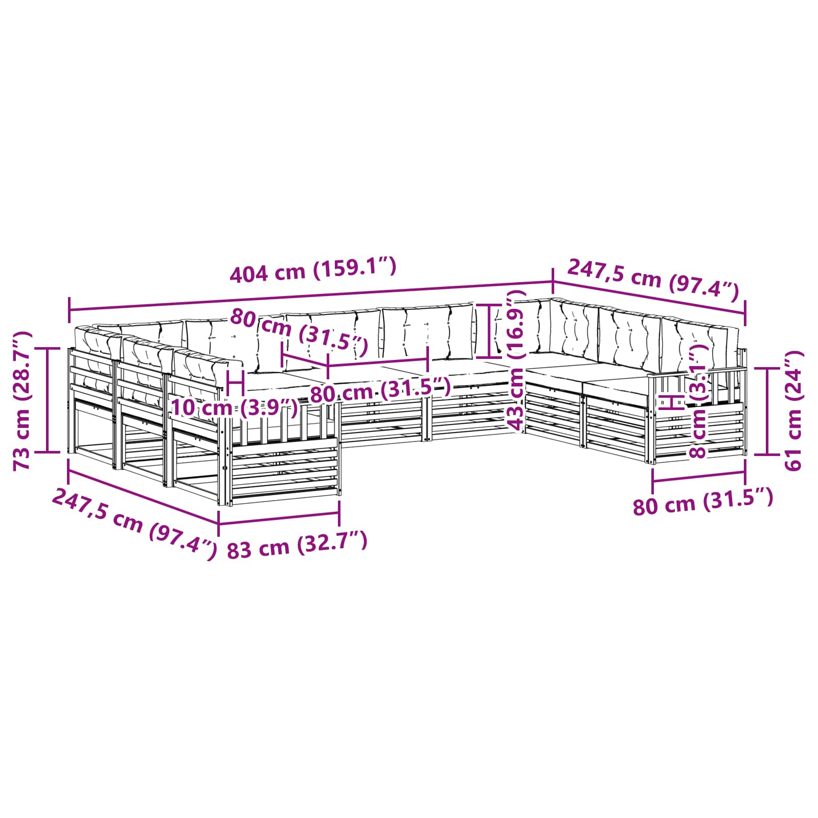 Set vanjskih sofa 9 pcs Bijela i bež Čvrsto drvo akacije