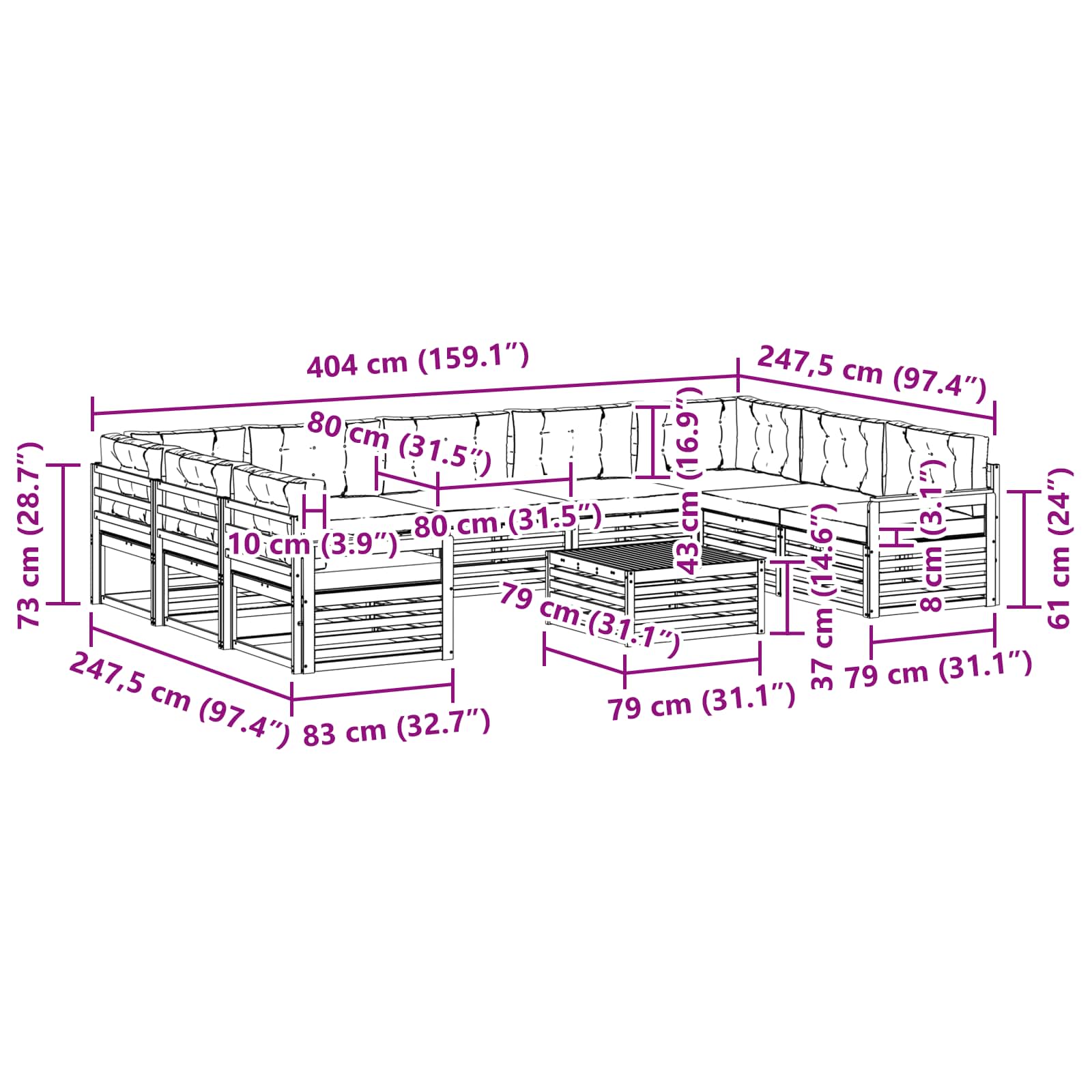 Set vanjskih sofa 10 pcs Bijela i bež Čvrsto drvo akacije