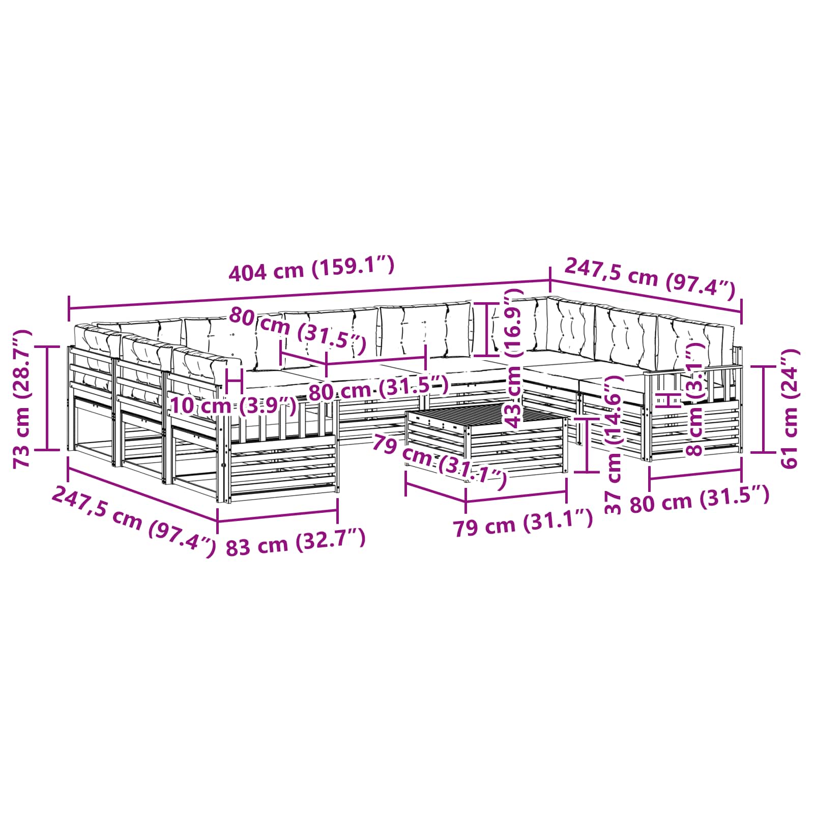 Set vanjskih sofa 10 pcs Bijela i bež Čvrsto drvo akacije