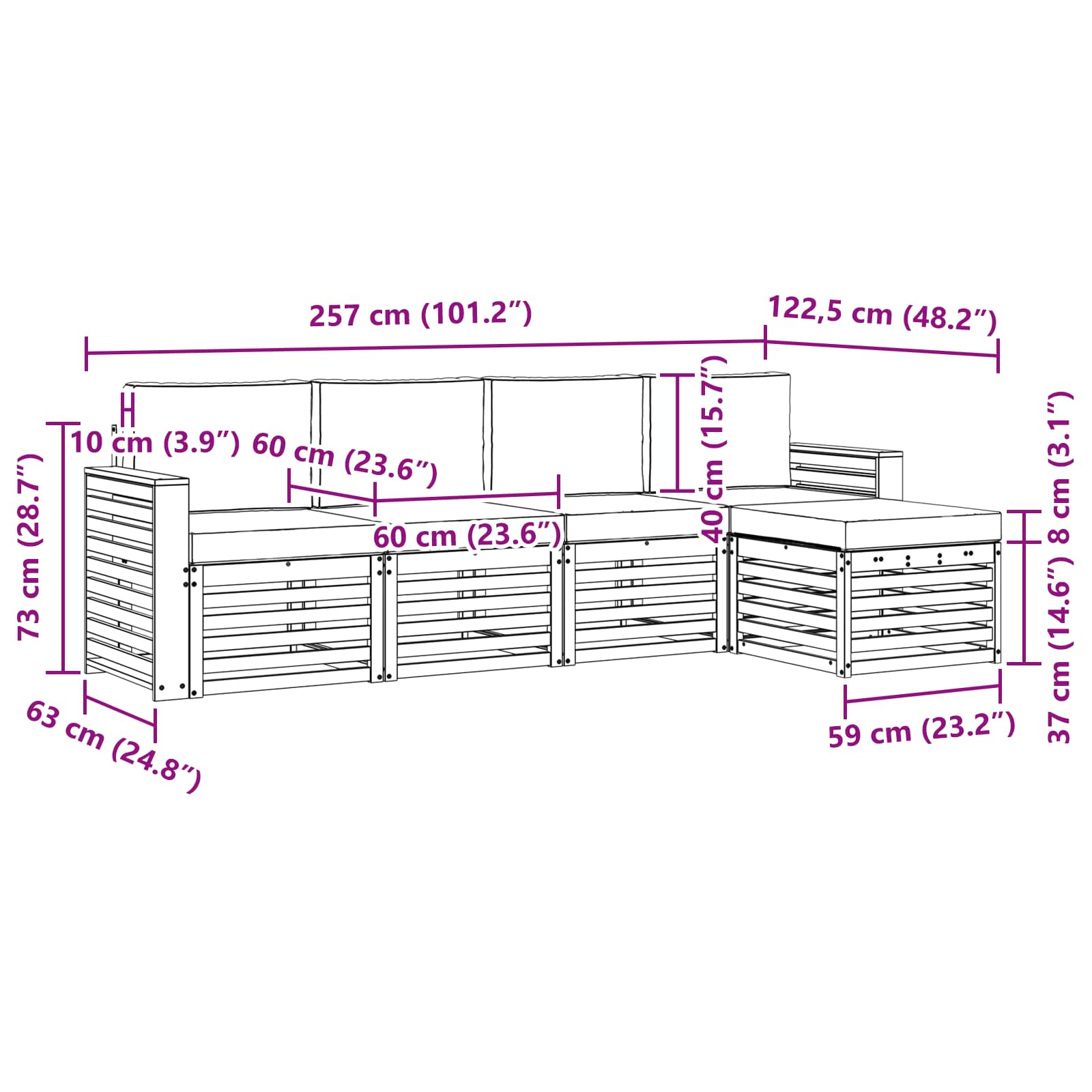 Set vanjskih sofa 5 pcs Bijela i bež 257 x 122,5 x 73 cm