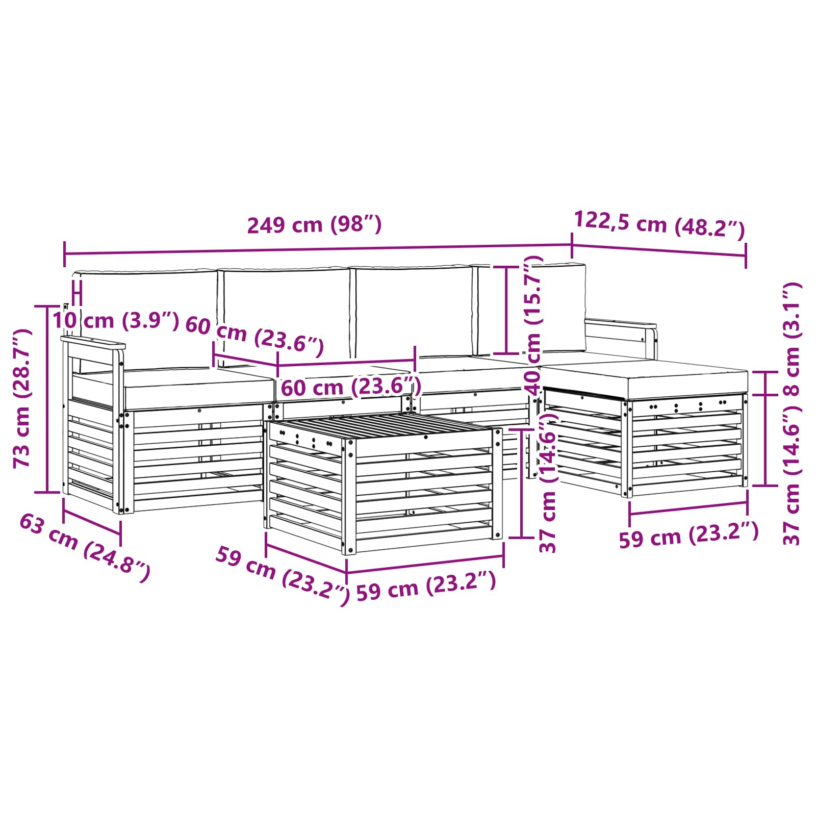 Set vanjskih sofa 6 pcs Bijela i svjetlosiva 59 x 59 x 37 cm